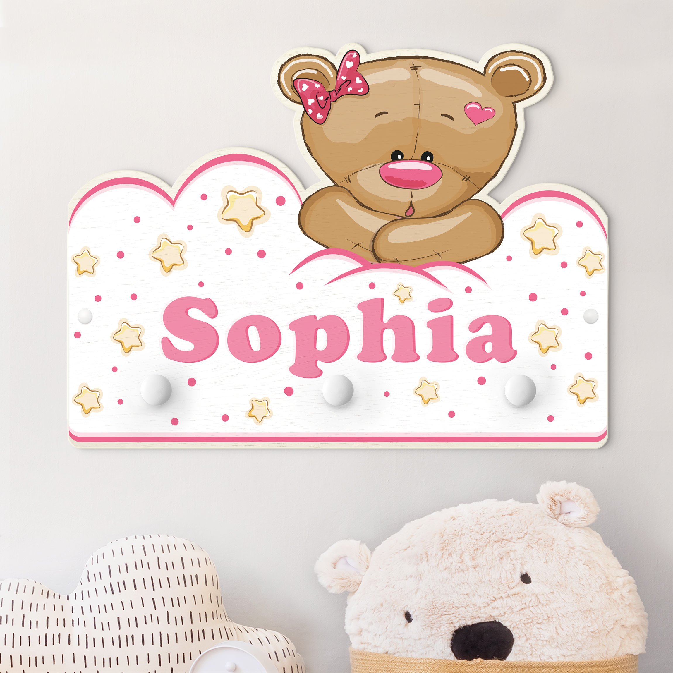 Kindergarderobe Holz mit Namen Wolken Teddy rosa mit Wunschnamen