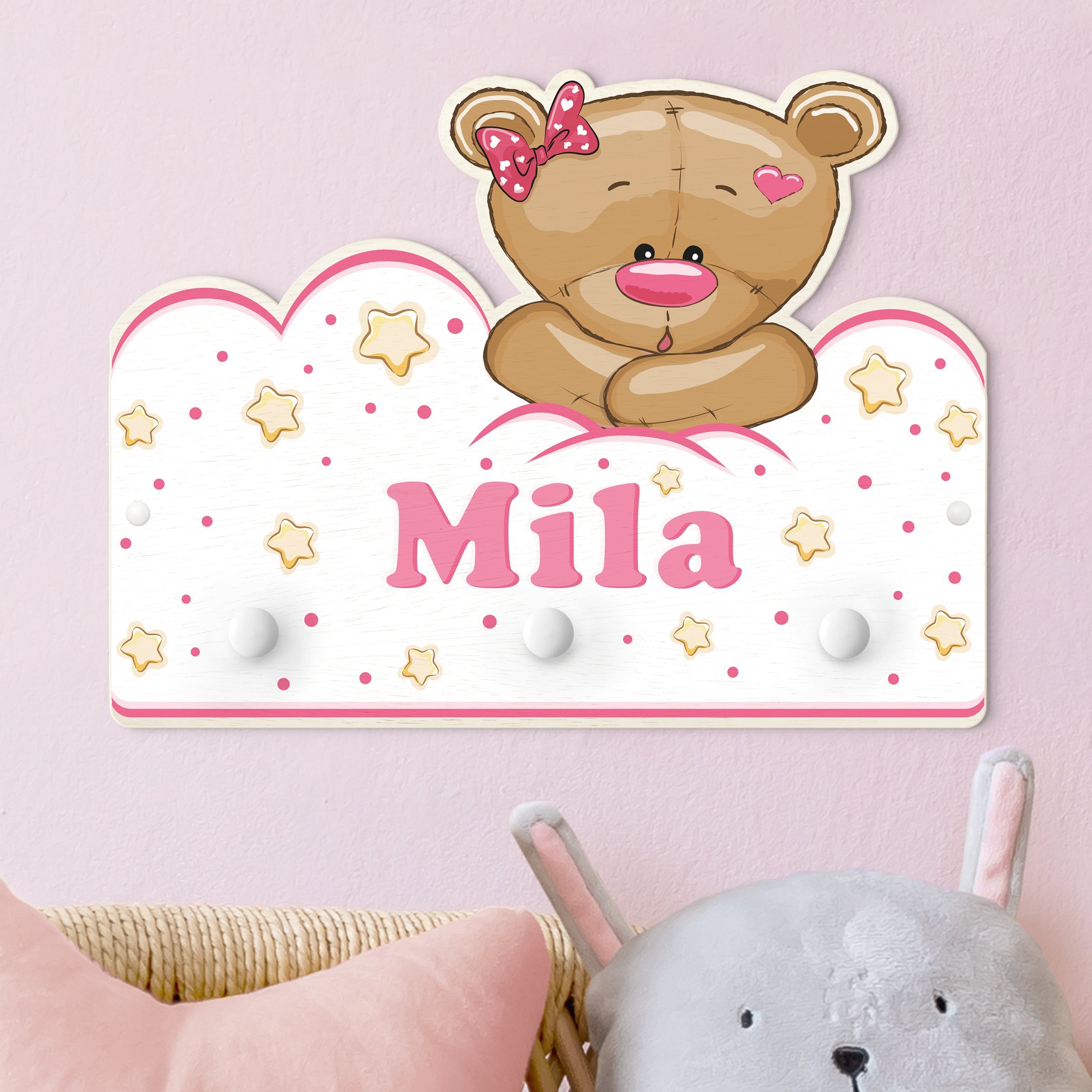 Kindergarderobe Holz mit Namen Wolken Teddy rosa mit Wunschnamen