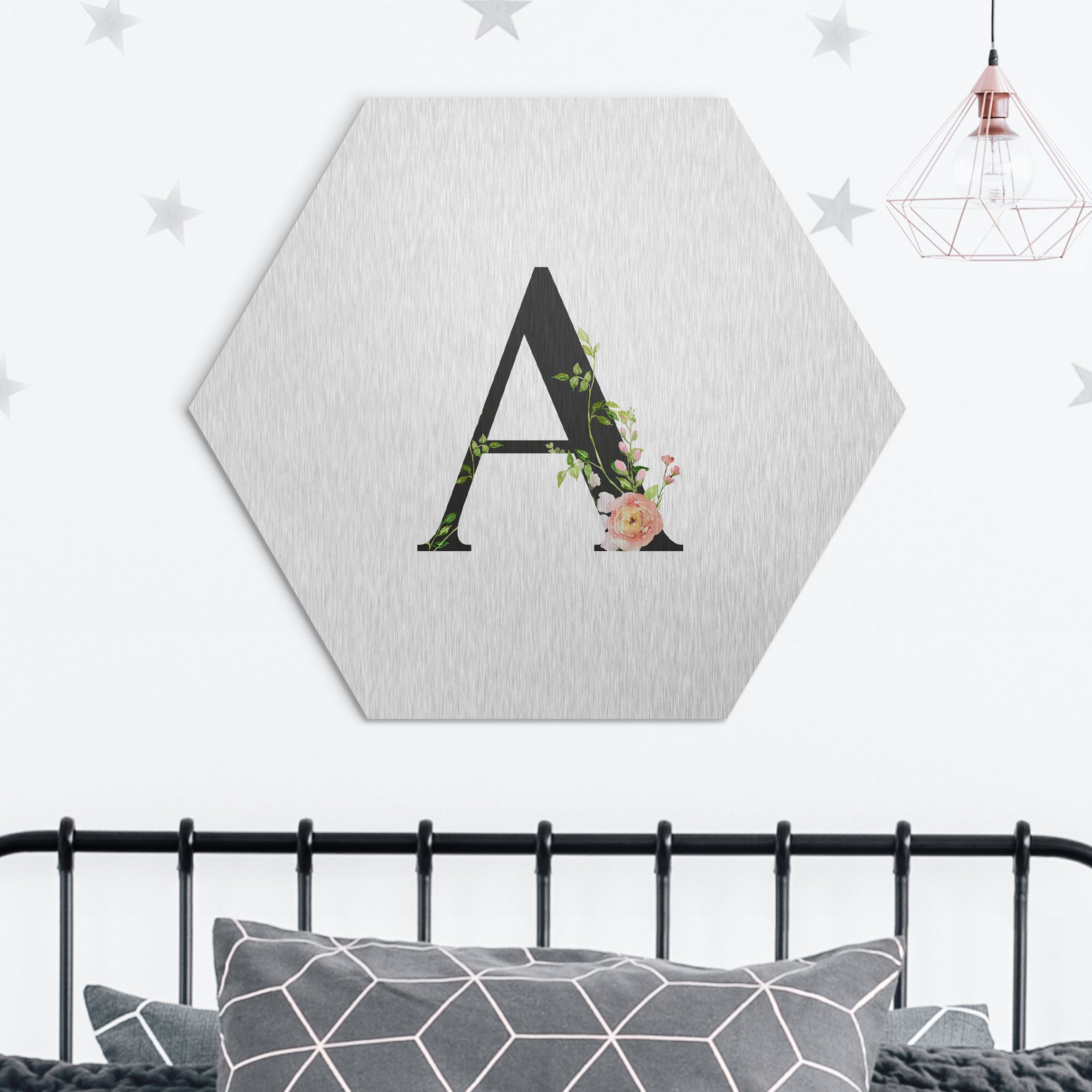 Hexagon-Alu-Dibond Bild Wunschbuchstabe Aquarell Blumen