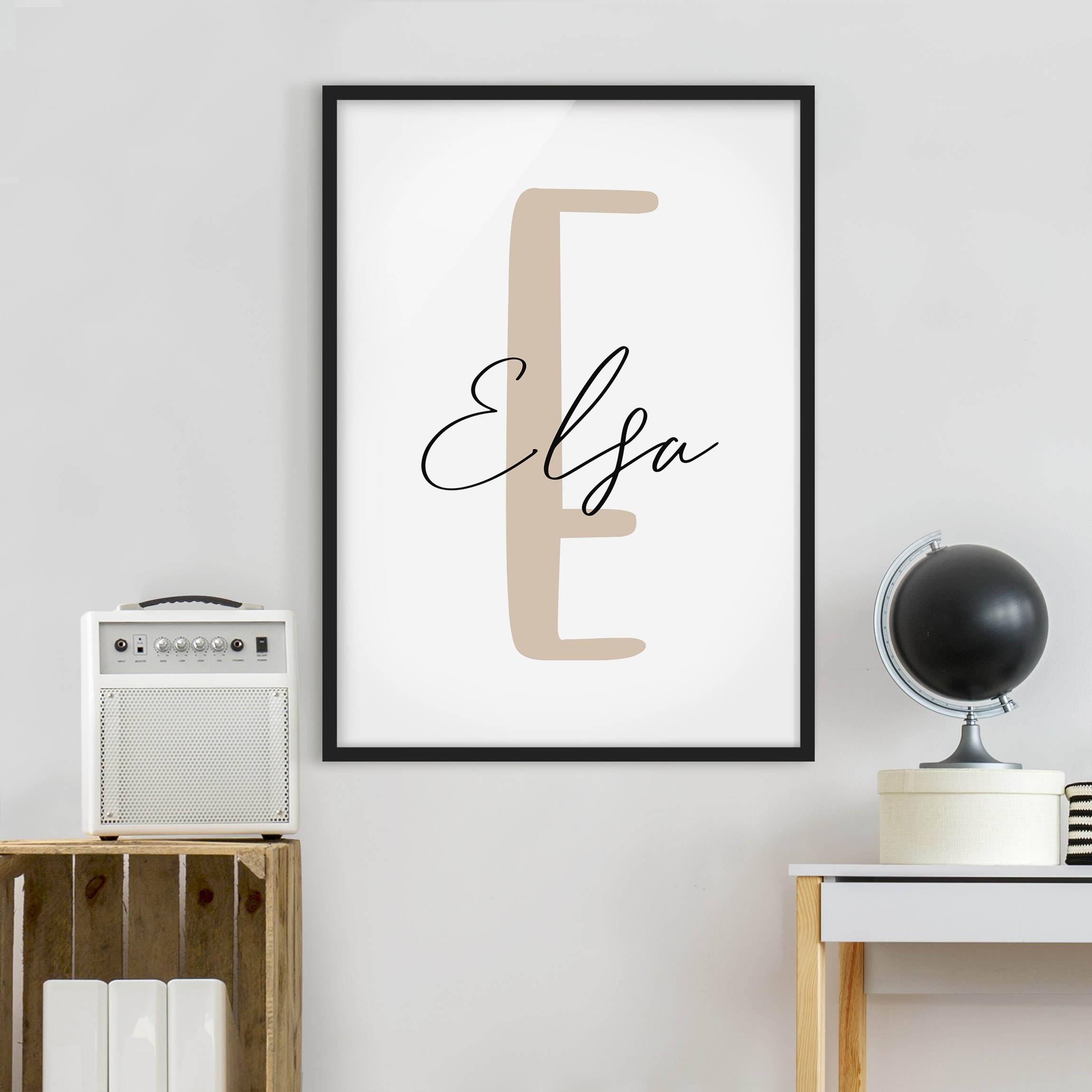 Bild mit Rahmen Wunschbuchstabe mit Wunschtext Beige