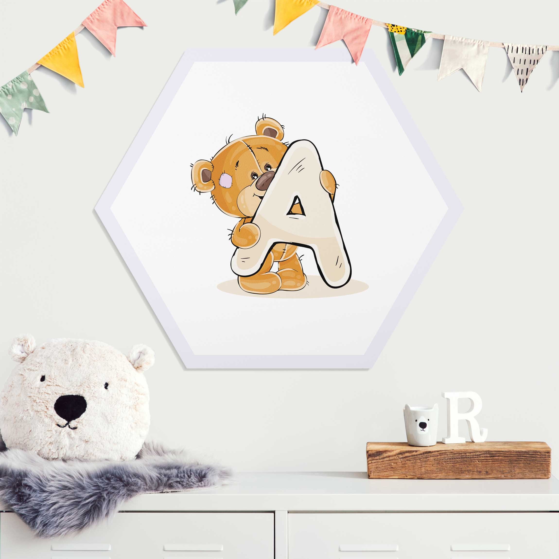 Hexagon-Alu-Dibond Bild Wunschbuchstabe Teddy Mädchen
