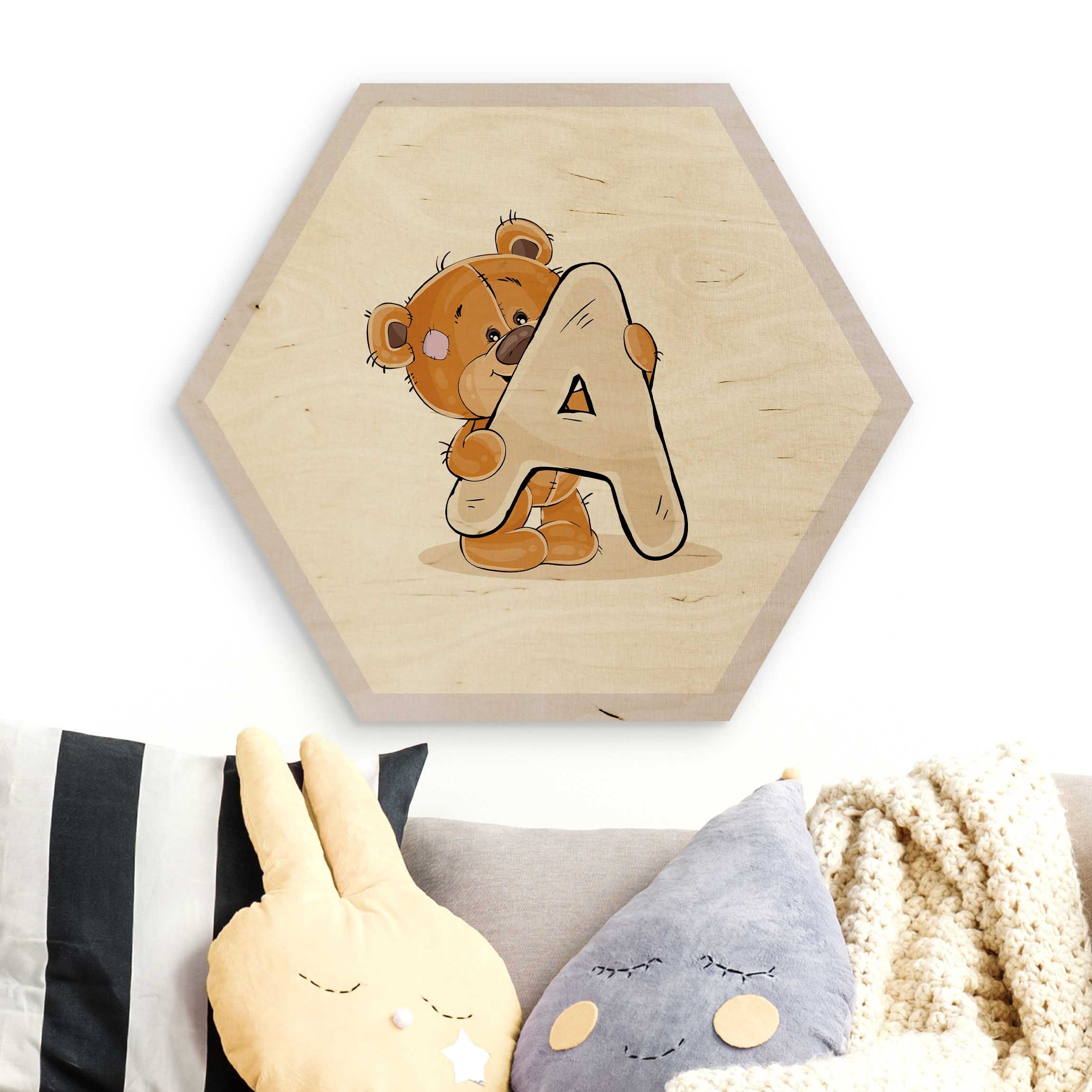 Hexagon-Holzbild Wunschbuchstabe Teddy Mädchen