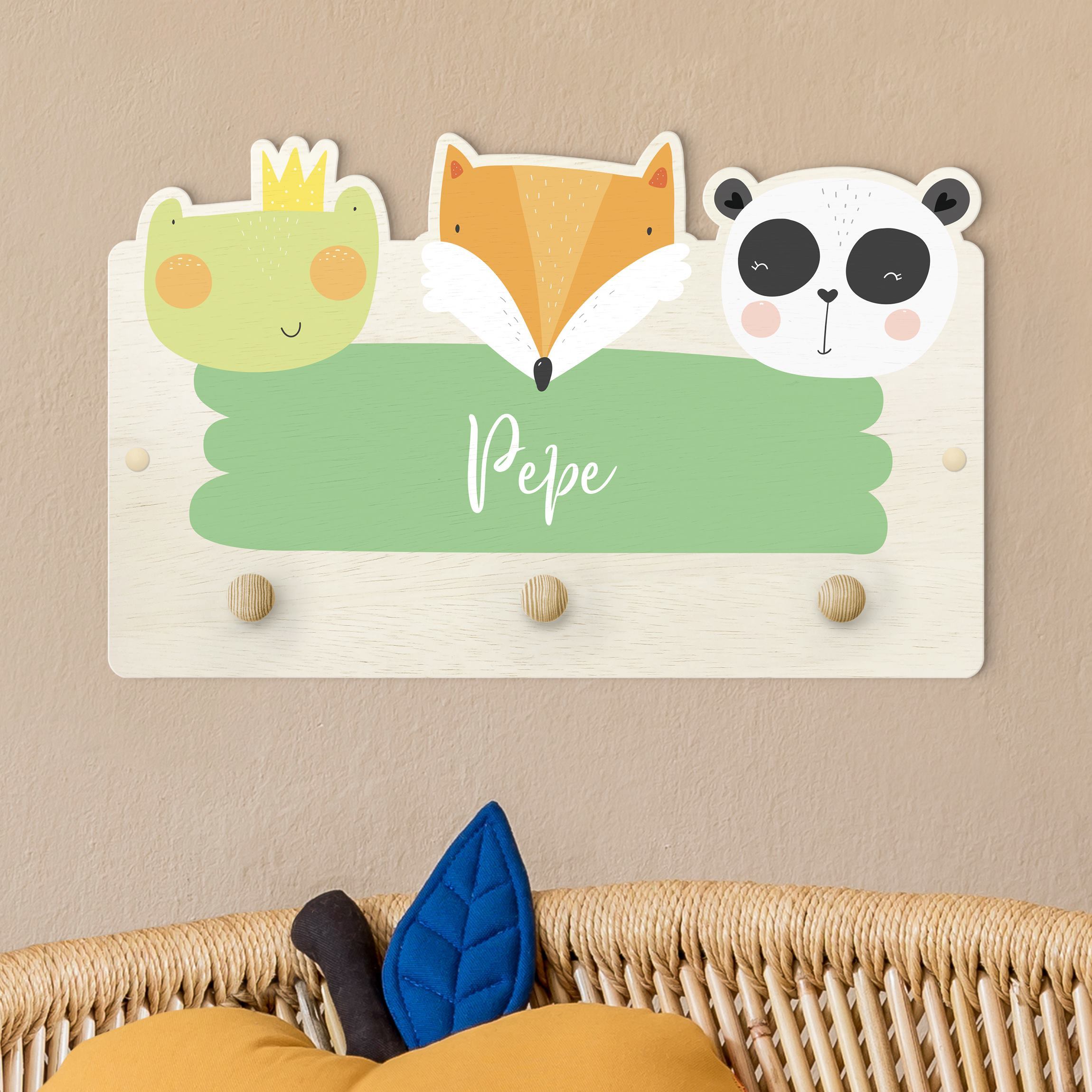 Kindergarderobe Holz mit Namen Wunschname Süßer Zoo - Frosch Fuchs und Panda