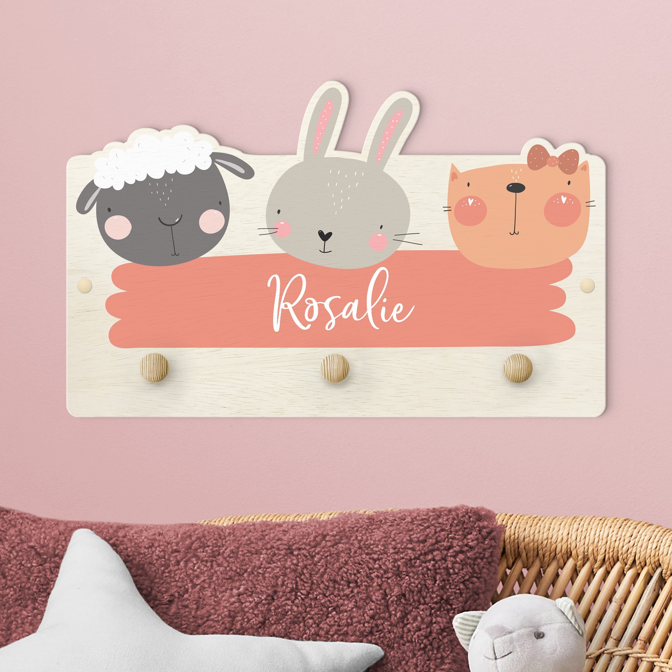 Kindergarderobe Holz mit Namen Wunschname Süßer Zoo - Schaf Hase und Katze