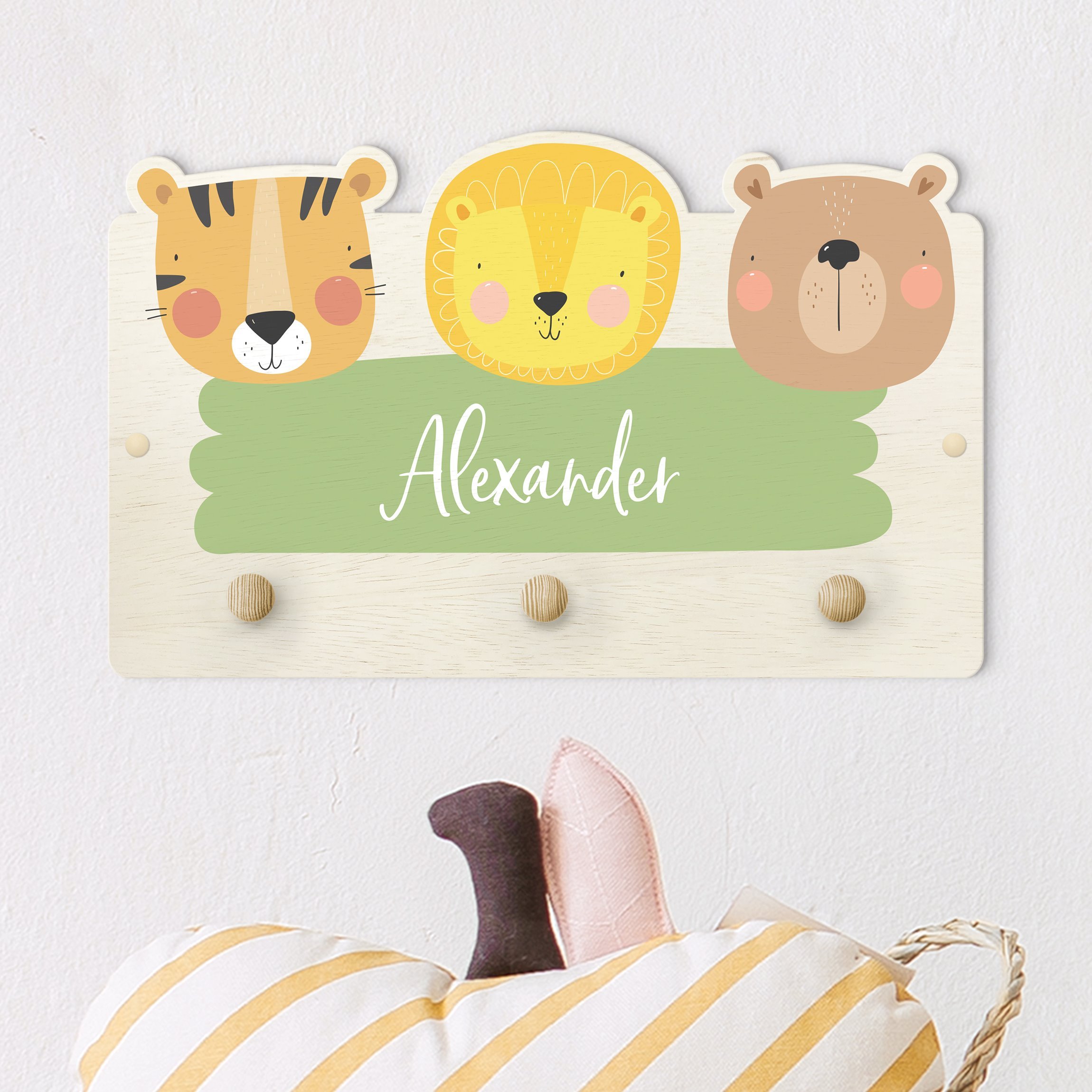Kindergarderobe Holz mit Namen Wunschname Süßer Zoo - Tiger Löwe und Bär