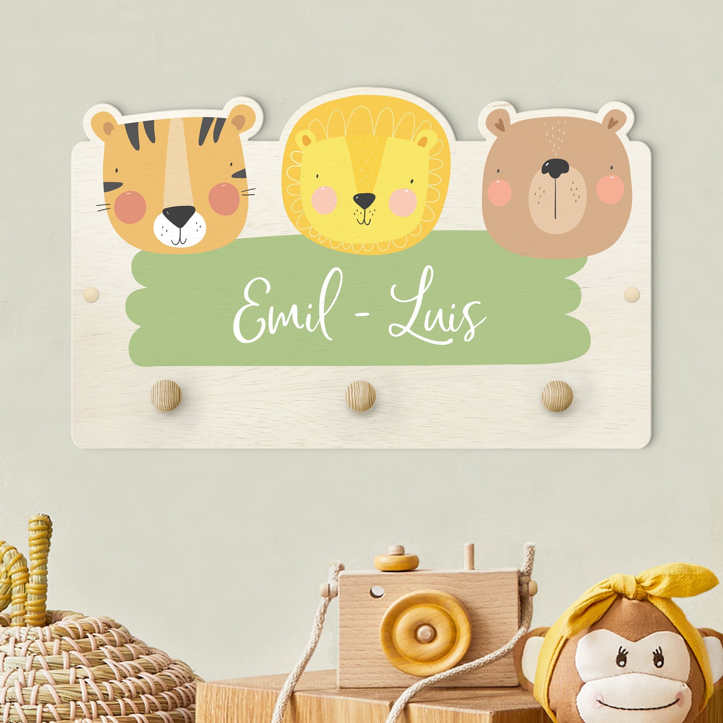 Kindergarderobe Holz mit Namen Wunschname Süßer Zoo - Tiger Löwe und Bär