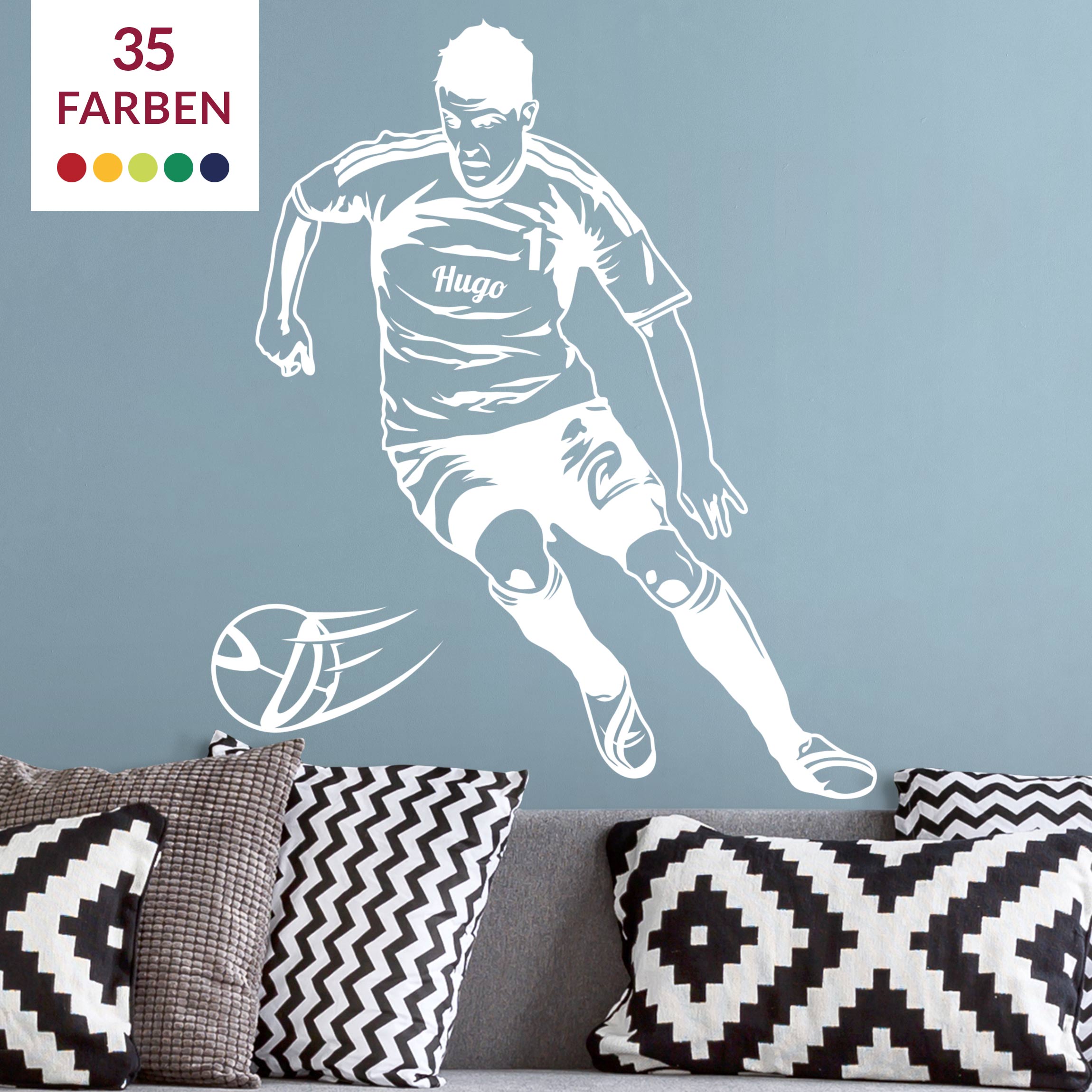 Wunschtext-Wandtattoo Kinderzimmer Wunschtext-Fußballspieler dribbelt
