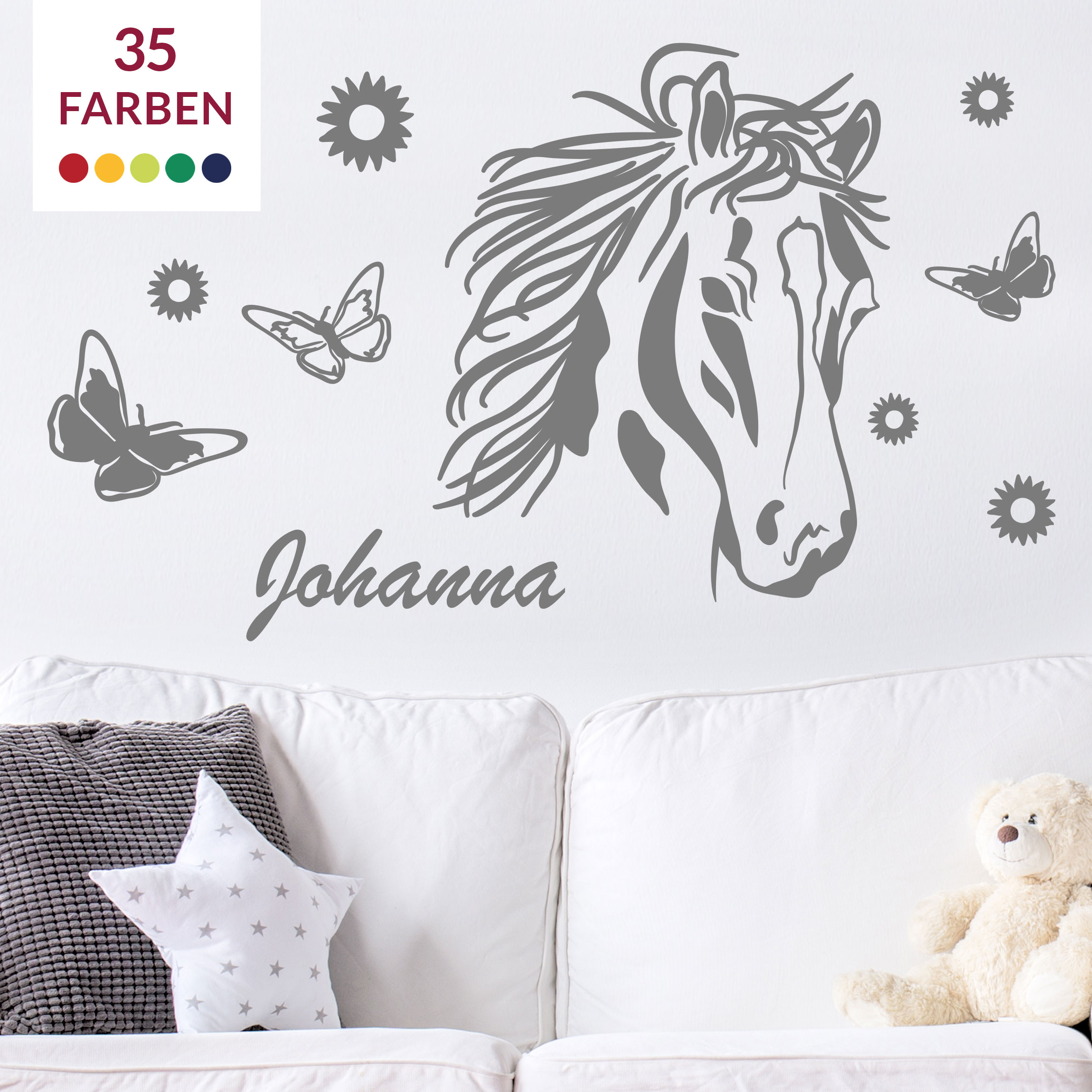 Wunschtext-Wandtattoo 10-teilig Wunschtext-Pferd mit Blumen