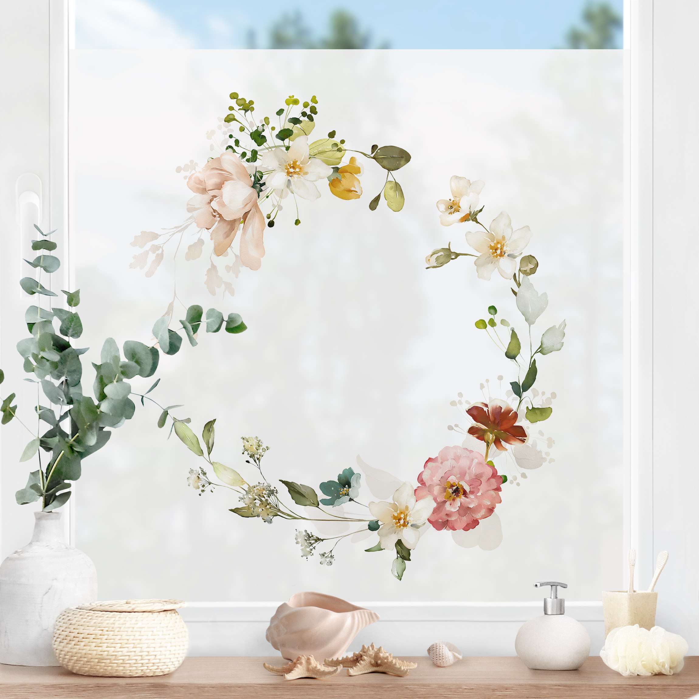 Fensterfolie Zarter Aquarell Blütenkranz