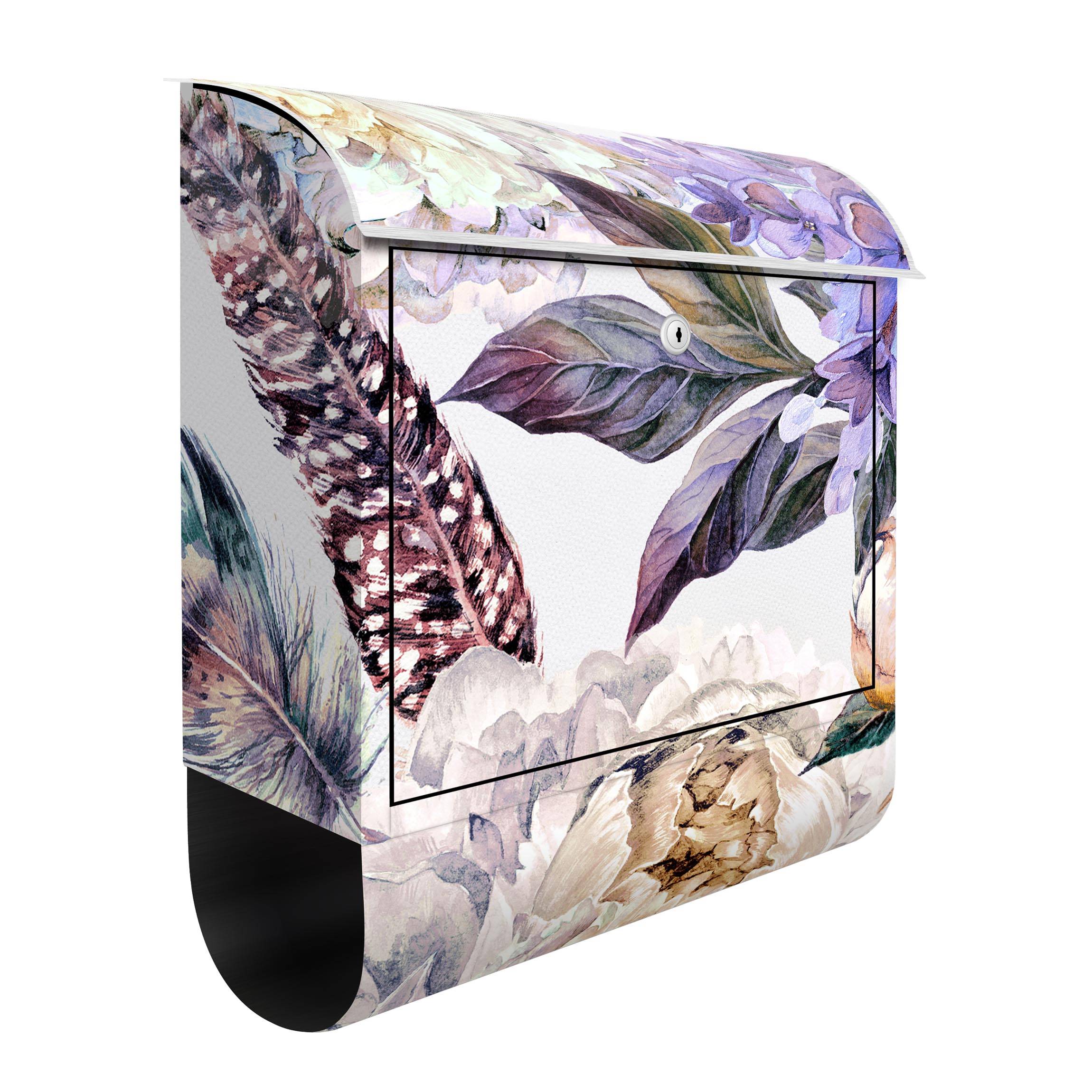 Briefkasten Zartes Aquarell Boho Blüten und Federn Muster
