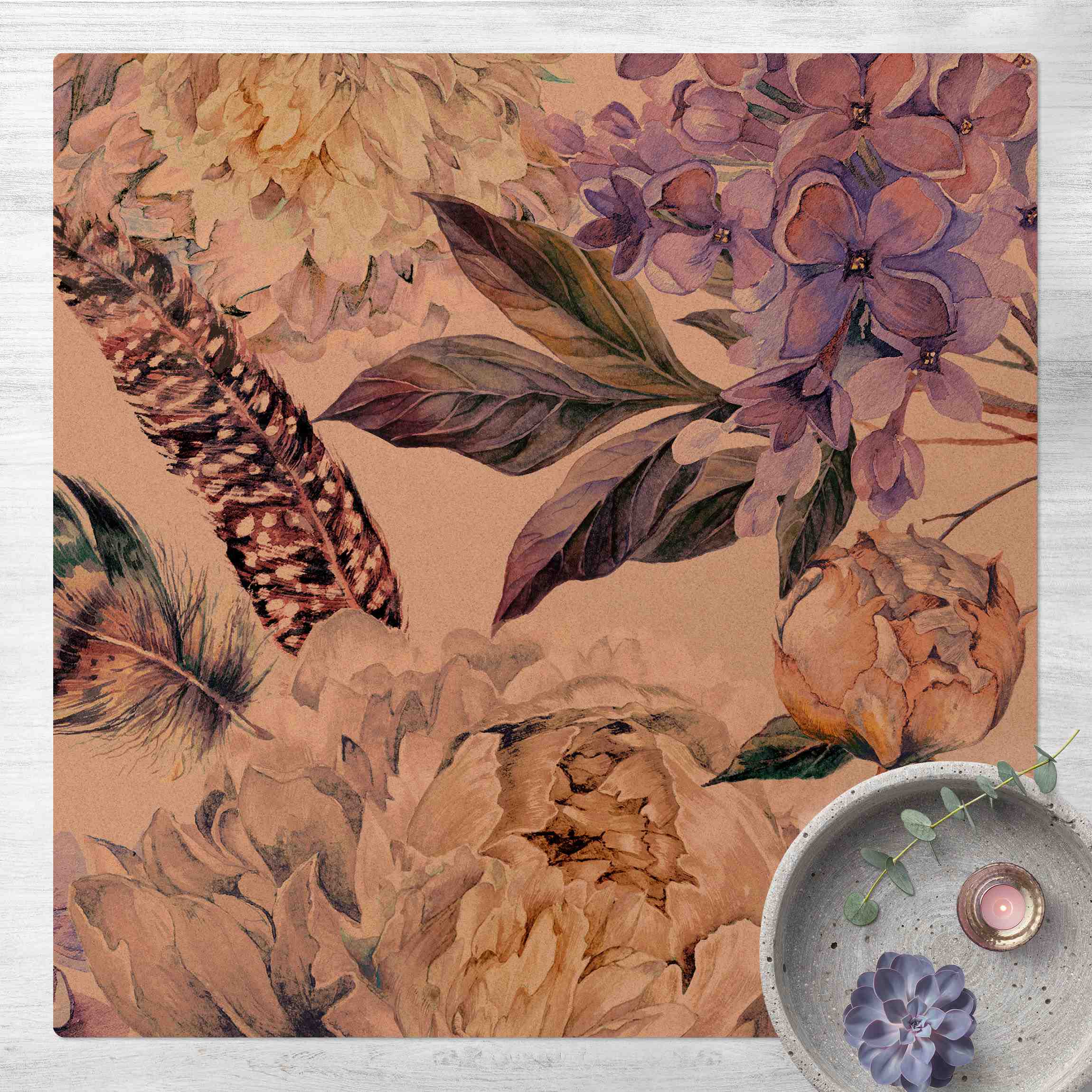 Kork-Teppich Zartes Aquarell Boho Blüten und Federn Muster
