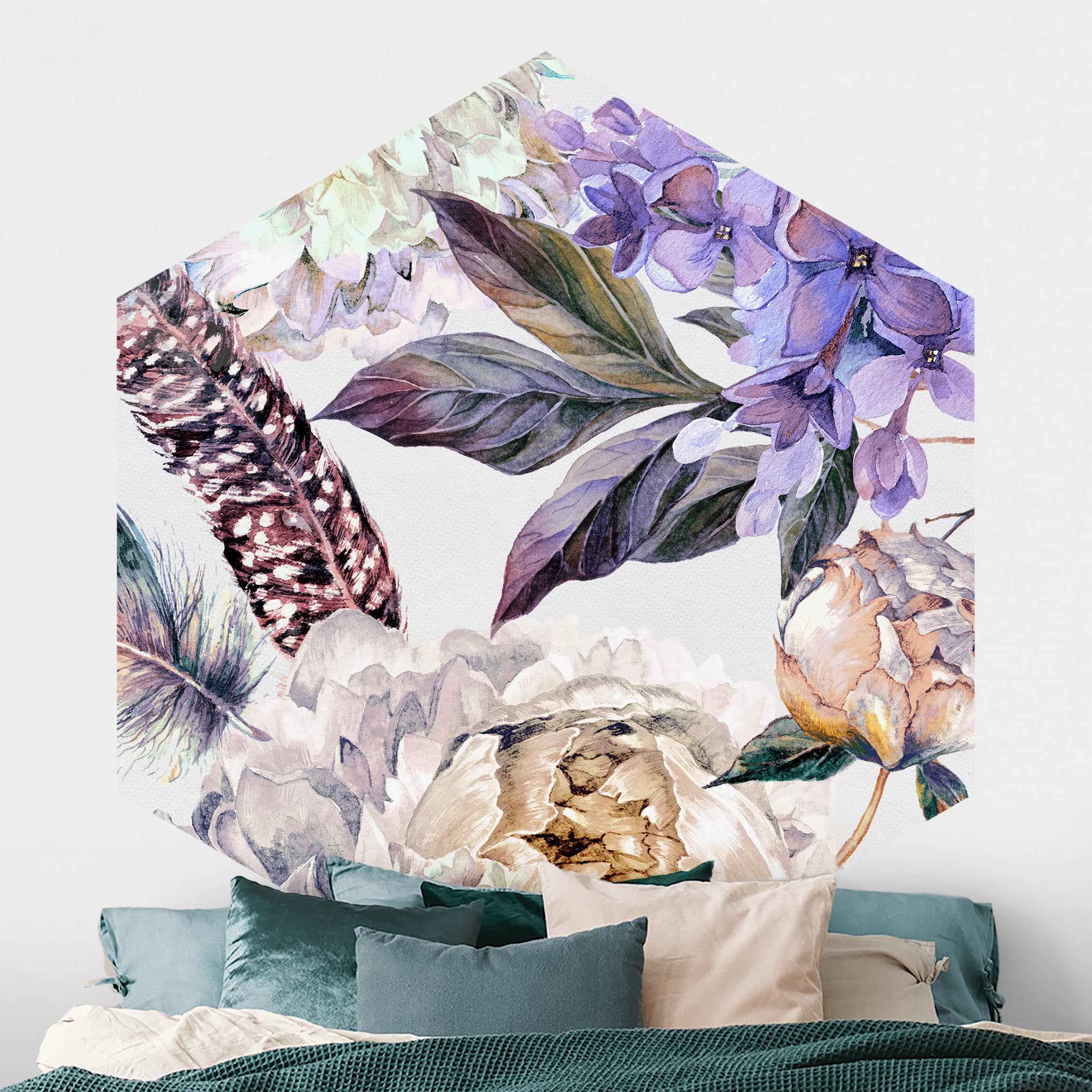 Hexagon Fototapete Zartes Aquarell Boho Blüten und Federn Muster