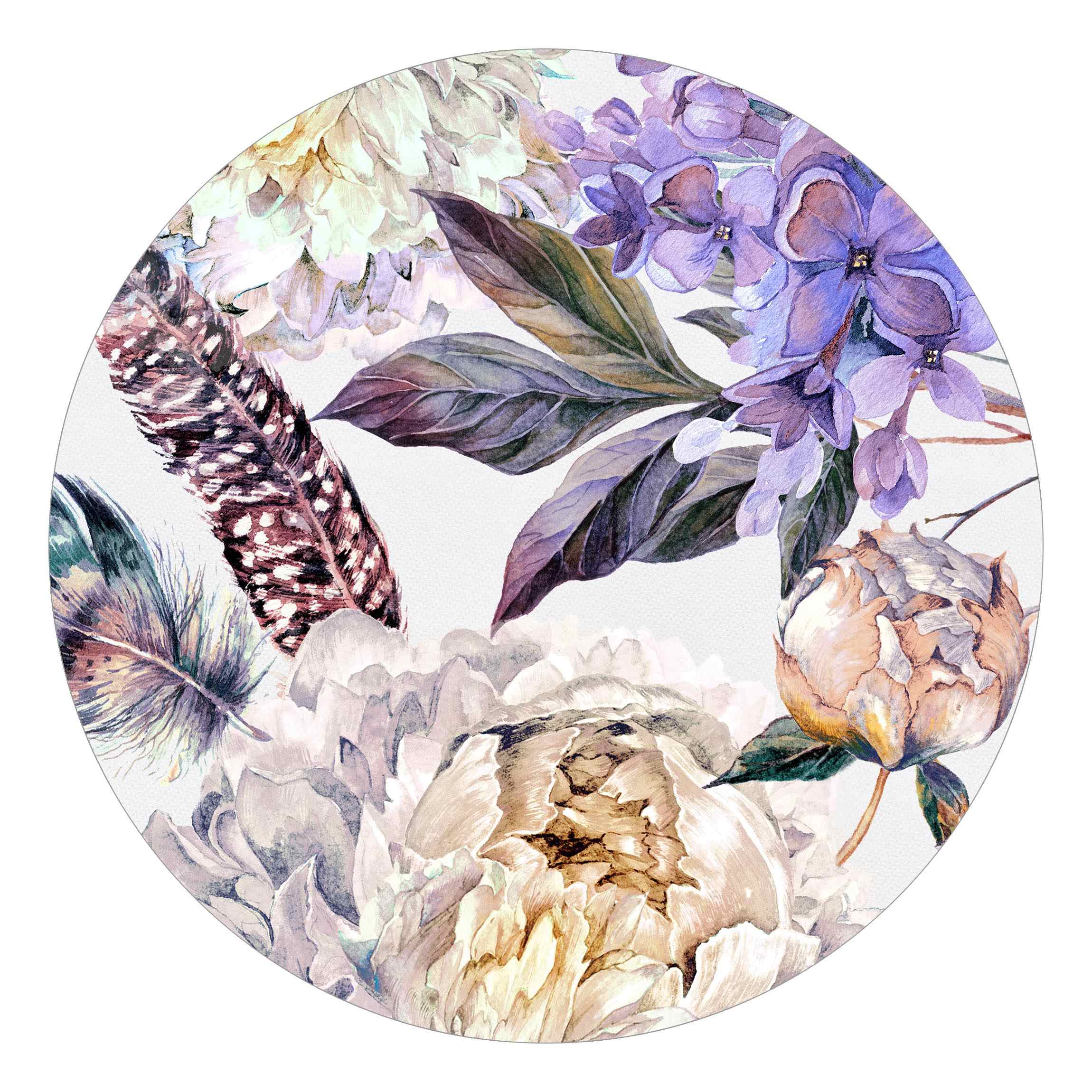 Runde Fototapete Zartes Aquarell Boho Blüten und Federn Muster