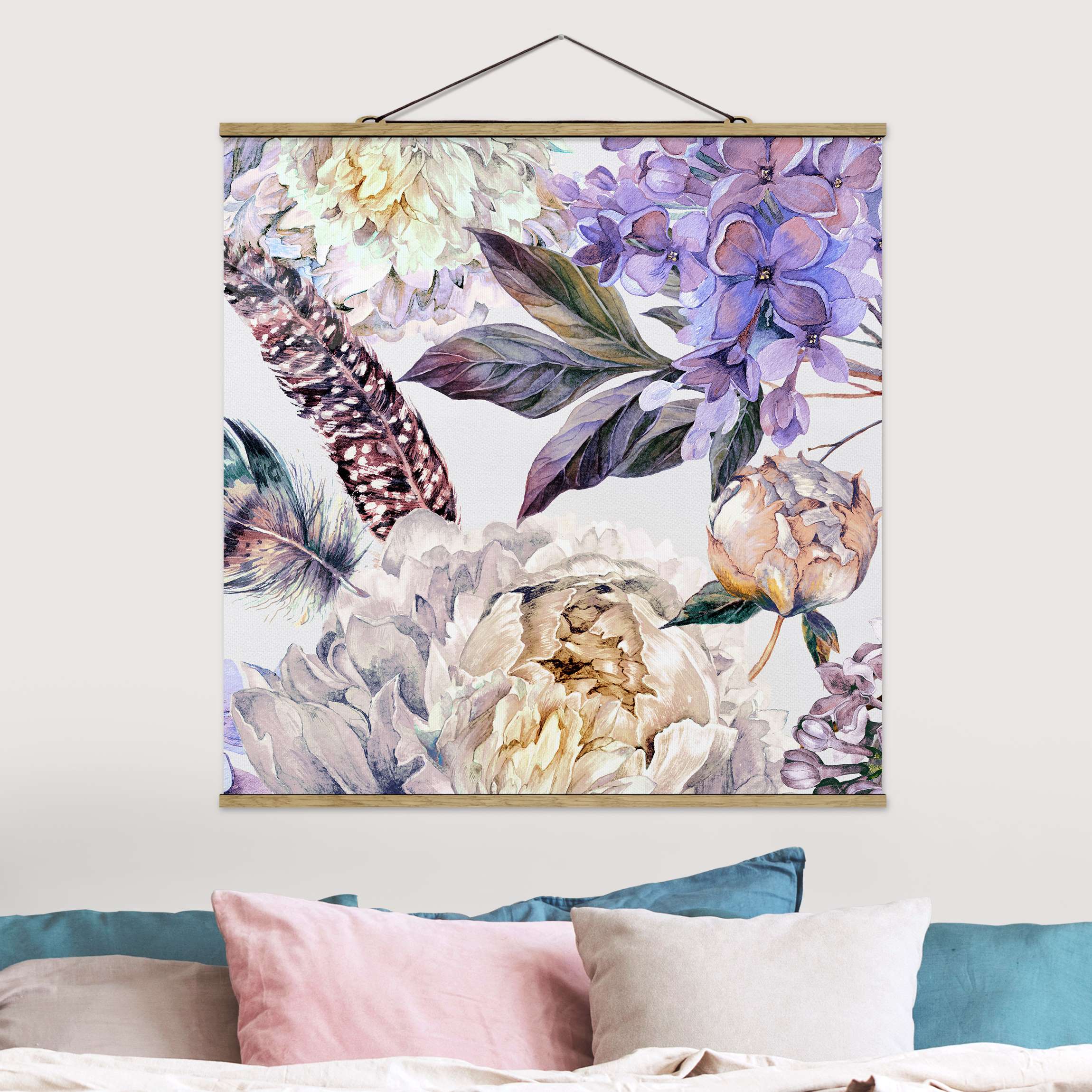 Stoffbild Zartes Aquarell Boho Blüten und Federn Muster