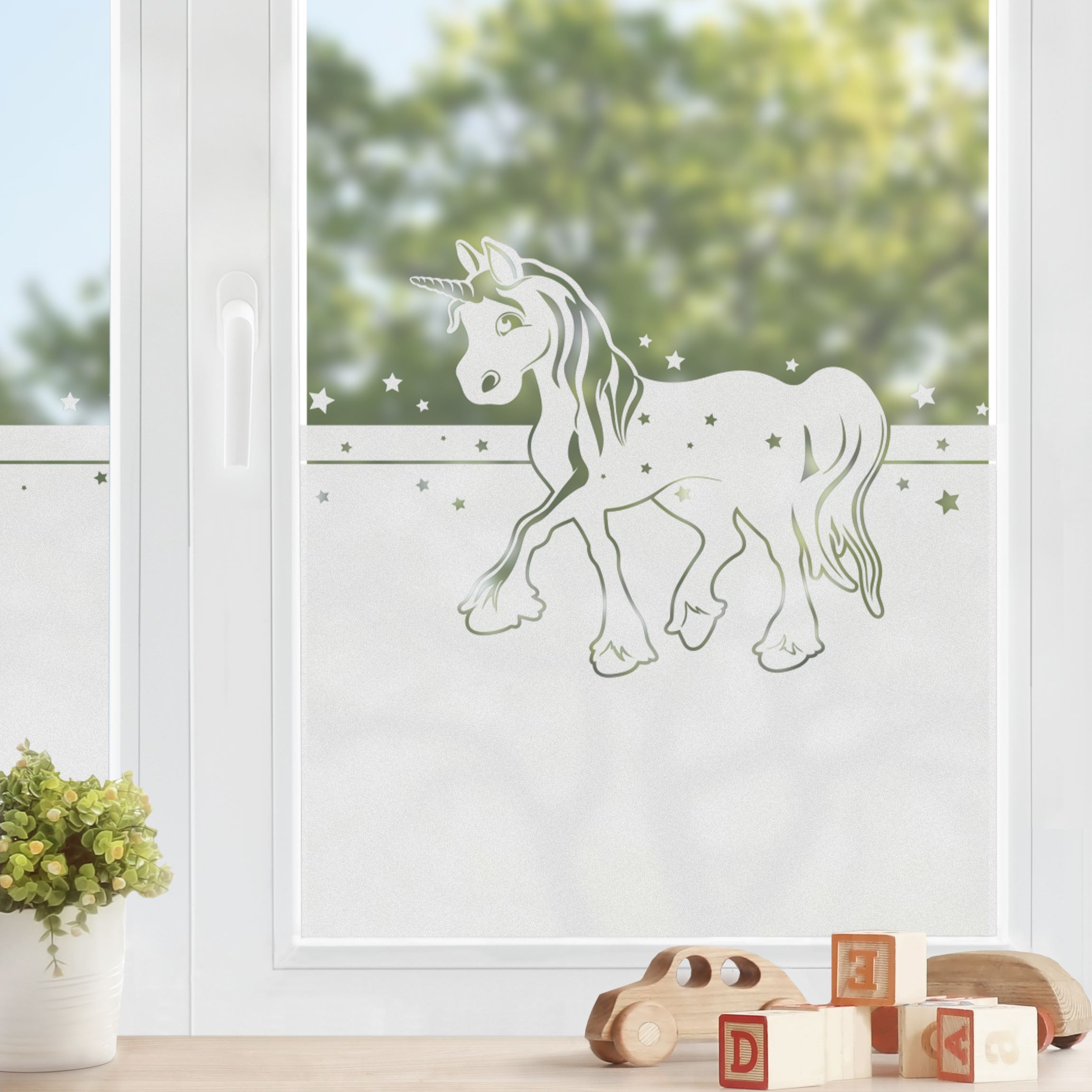 Fensterfolie Sichtschutz Zauberhaftes Einhorn Bordüre