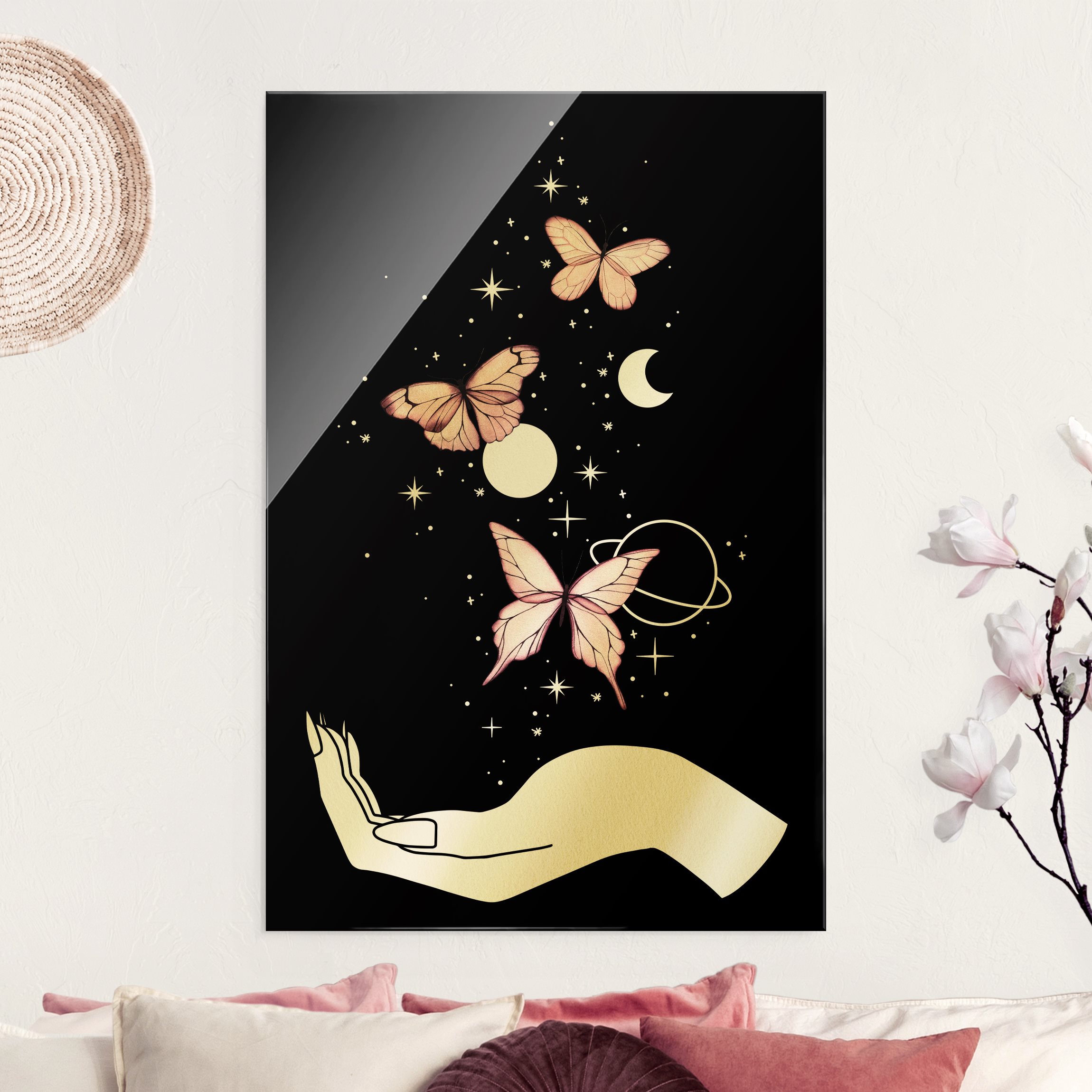 Glasbild Zaubernde Hand - Schmetterlinge Rosa