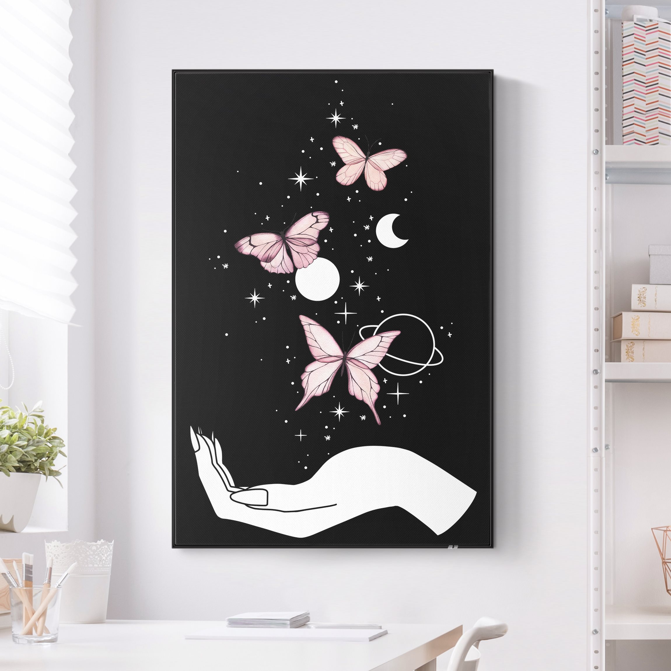 Akustik-Wechselbild Zaubernde Hand - Schmetterlinge Rosa