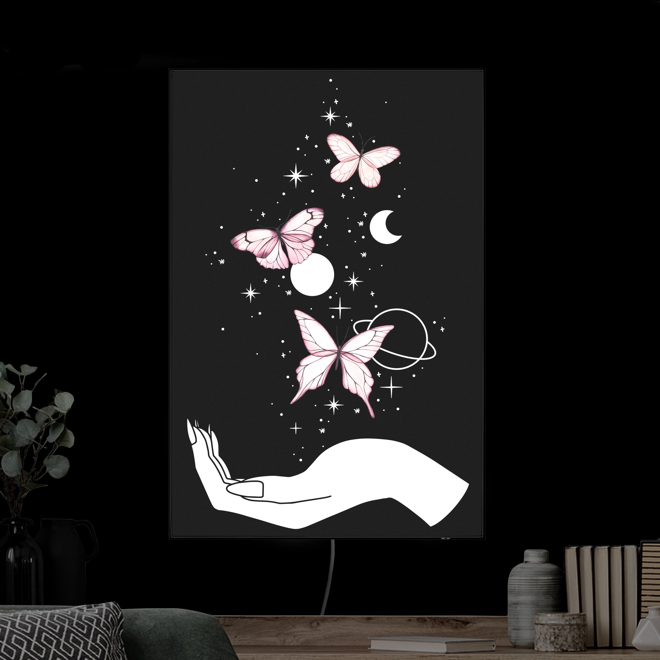 LED-Wechselbild Zaubernde Hand - Schmetterlinge Rosa