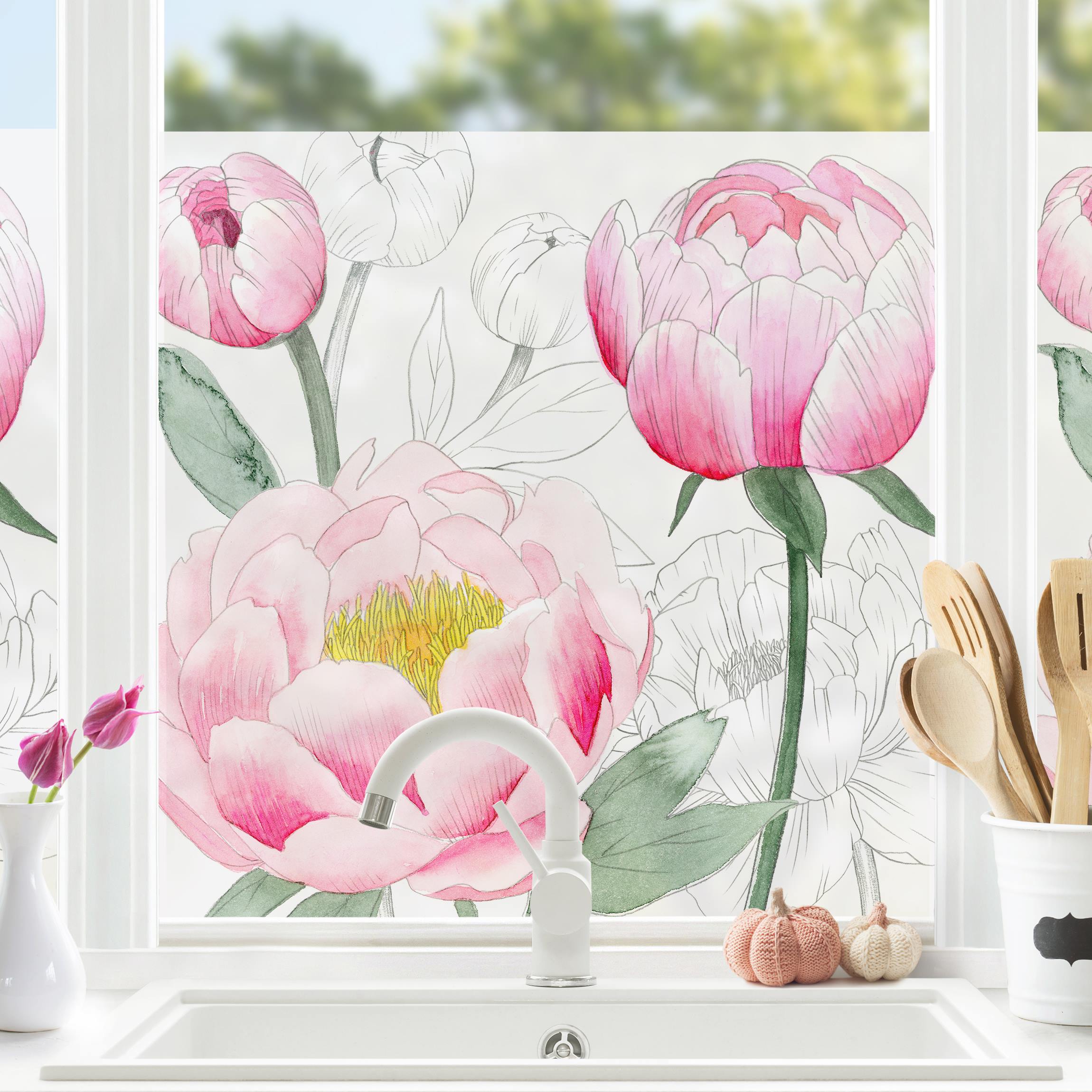 Fensterfolie Zeichnung Rosa Päonien II