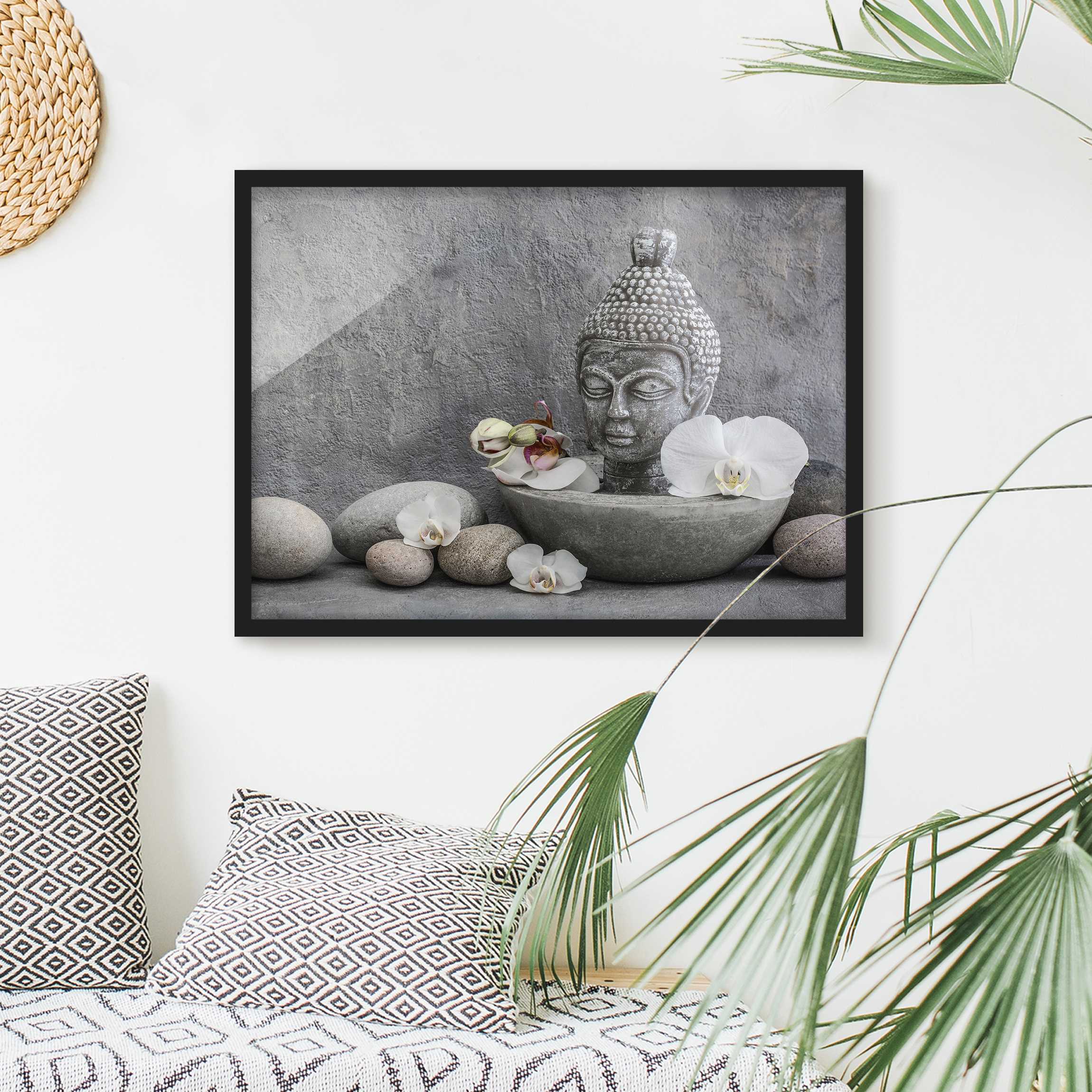 Bild mit Rahmen Zen Buddha, Orchideen und Steine