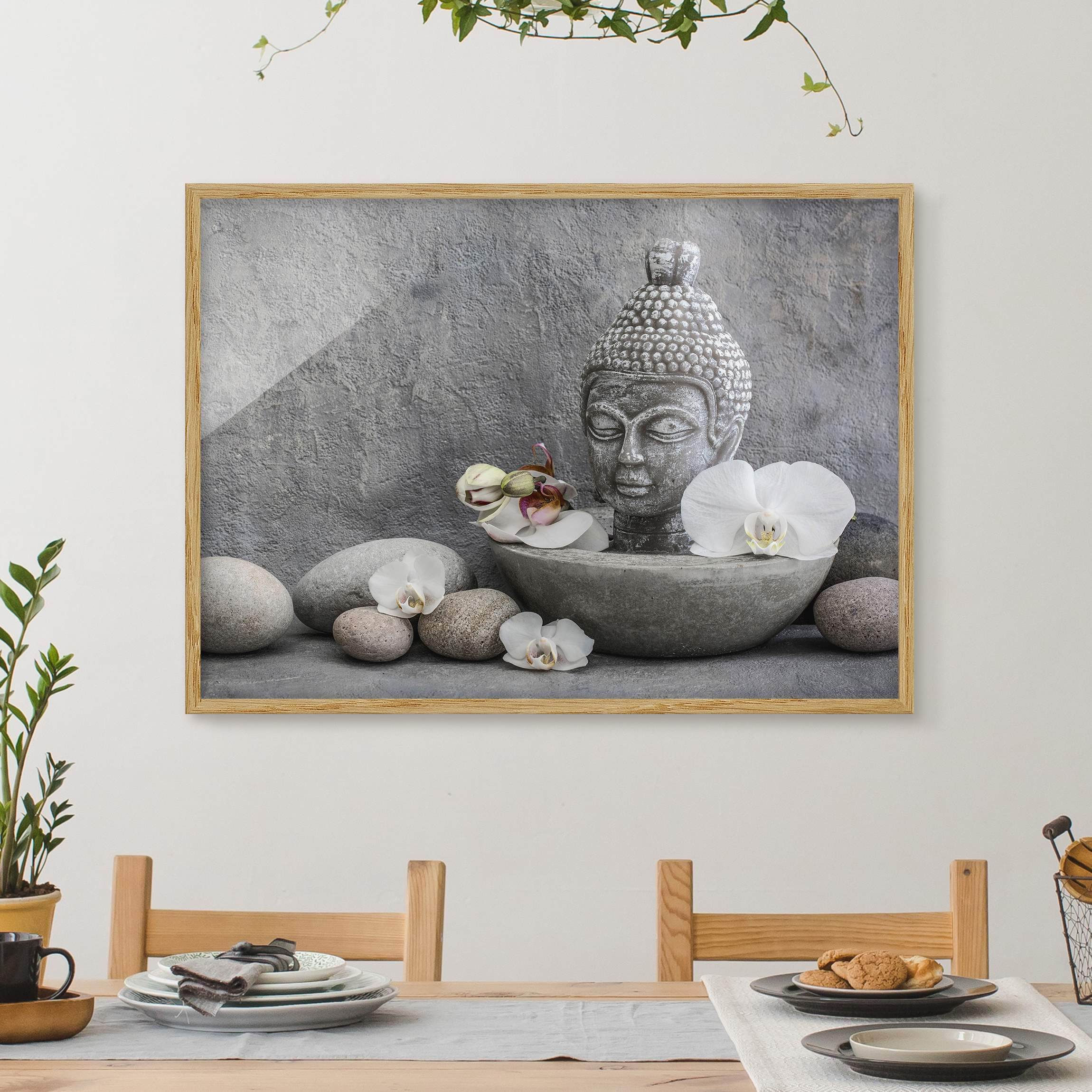 Bild mit Rahmen Zen Buddha, Orchideen und Steine