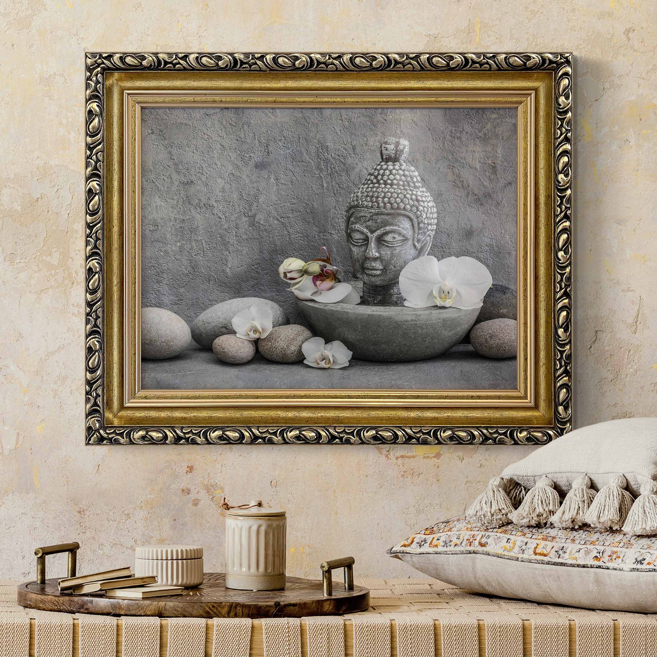 Leinwandbild in Barockrahmen Zen Buddha, Orchideen und Steine