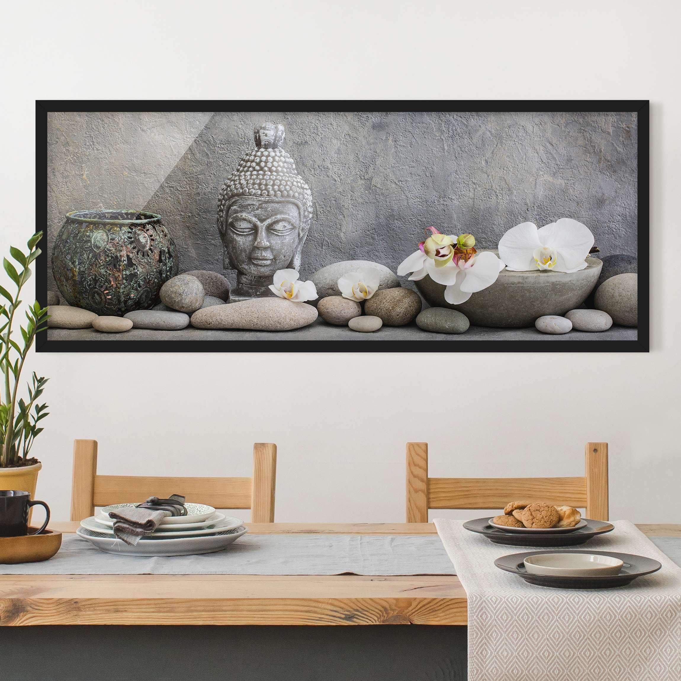 Bild mit Rahmen Zen Buddha mit weißen Orchideen