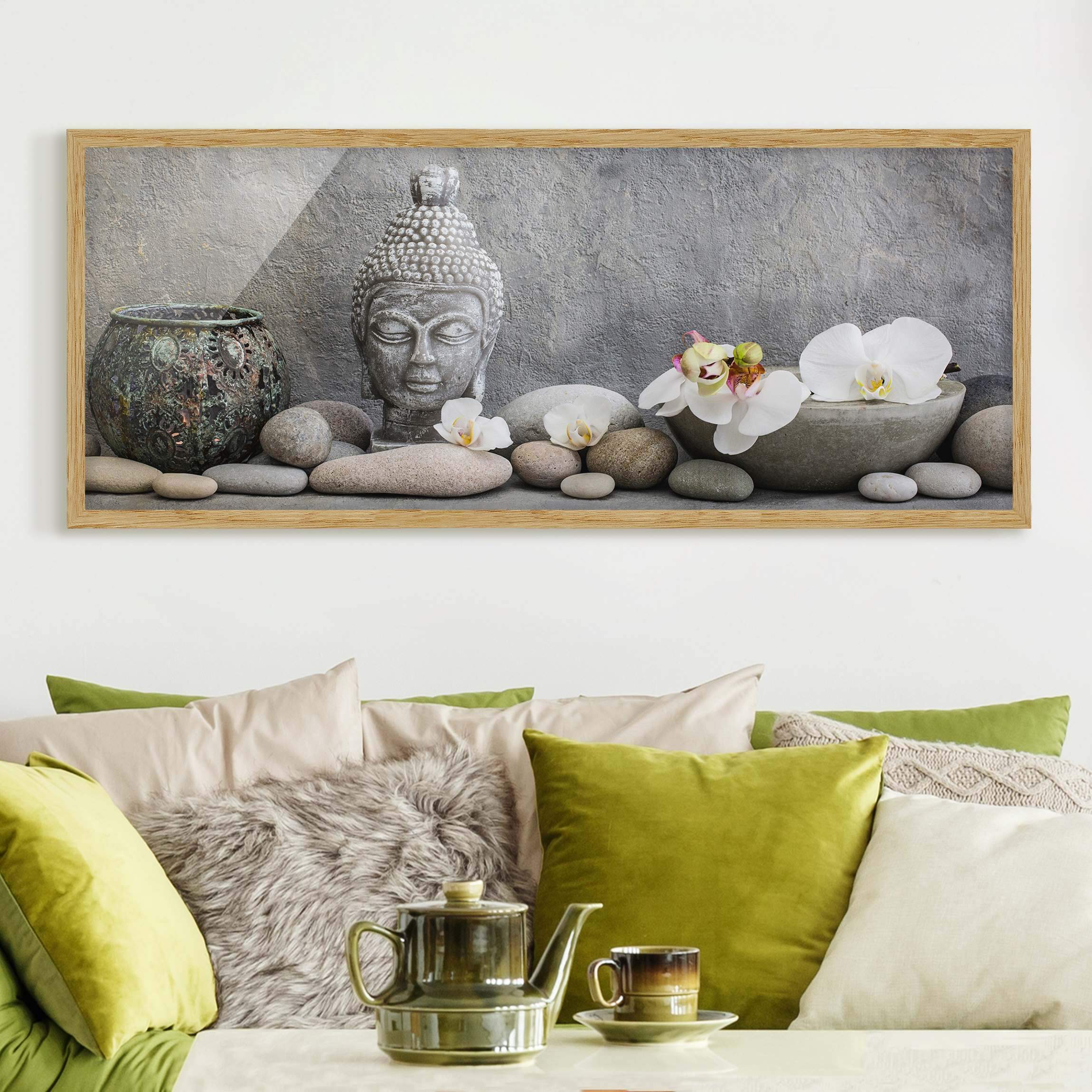 Bild mit Rahmen Zen Buddha mit weißen Orchideen