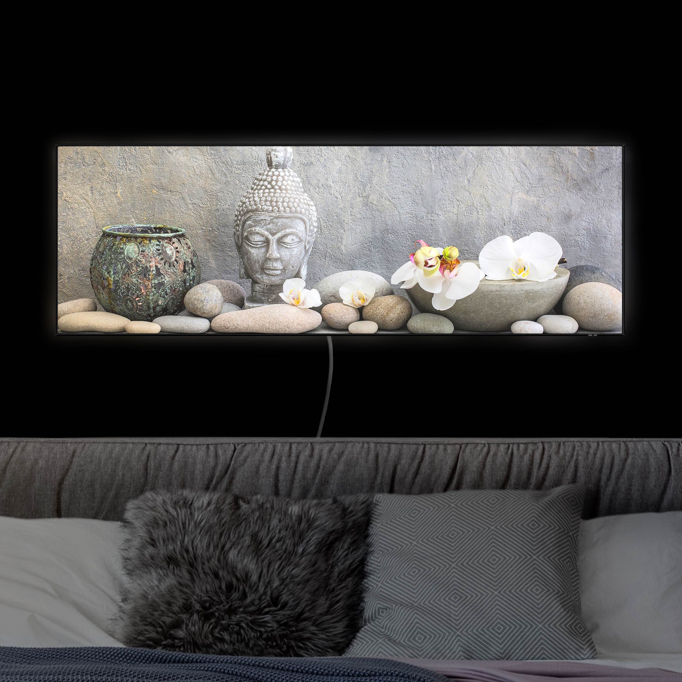 LED-Wechselbild Zen Buddha mit weißen Orchideen