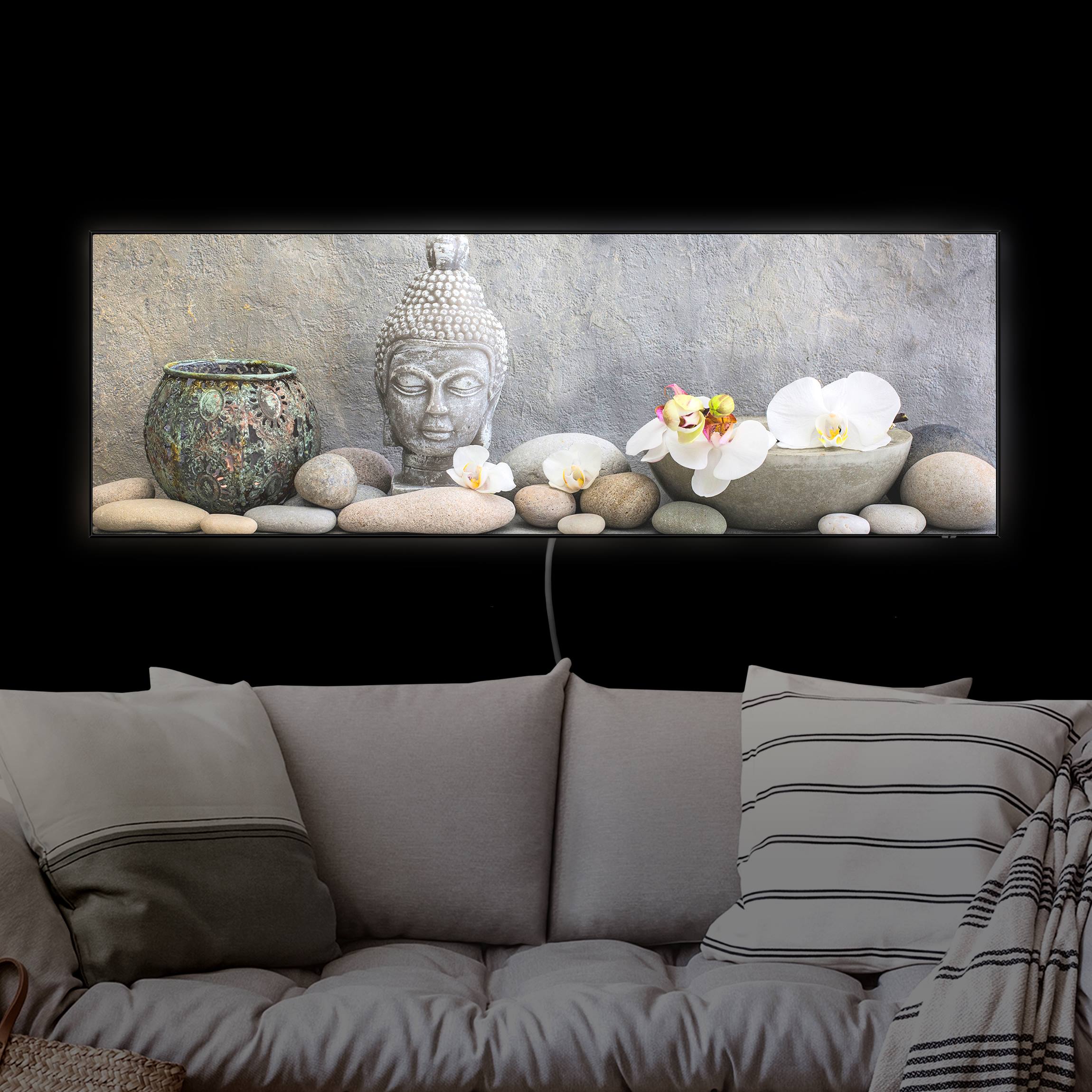 LED-Wechselbild Zen Buddha mit weißen Orchideen