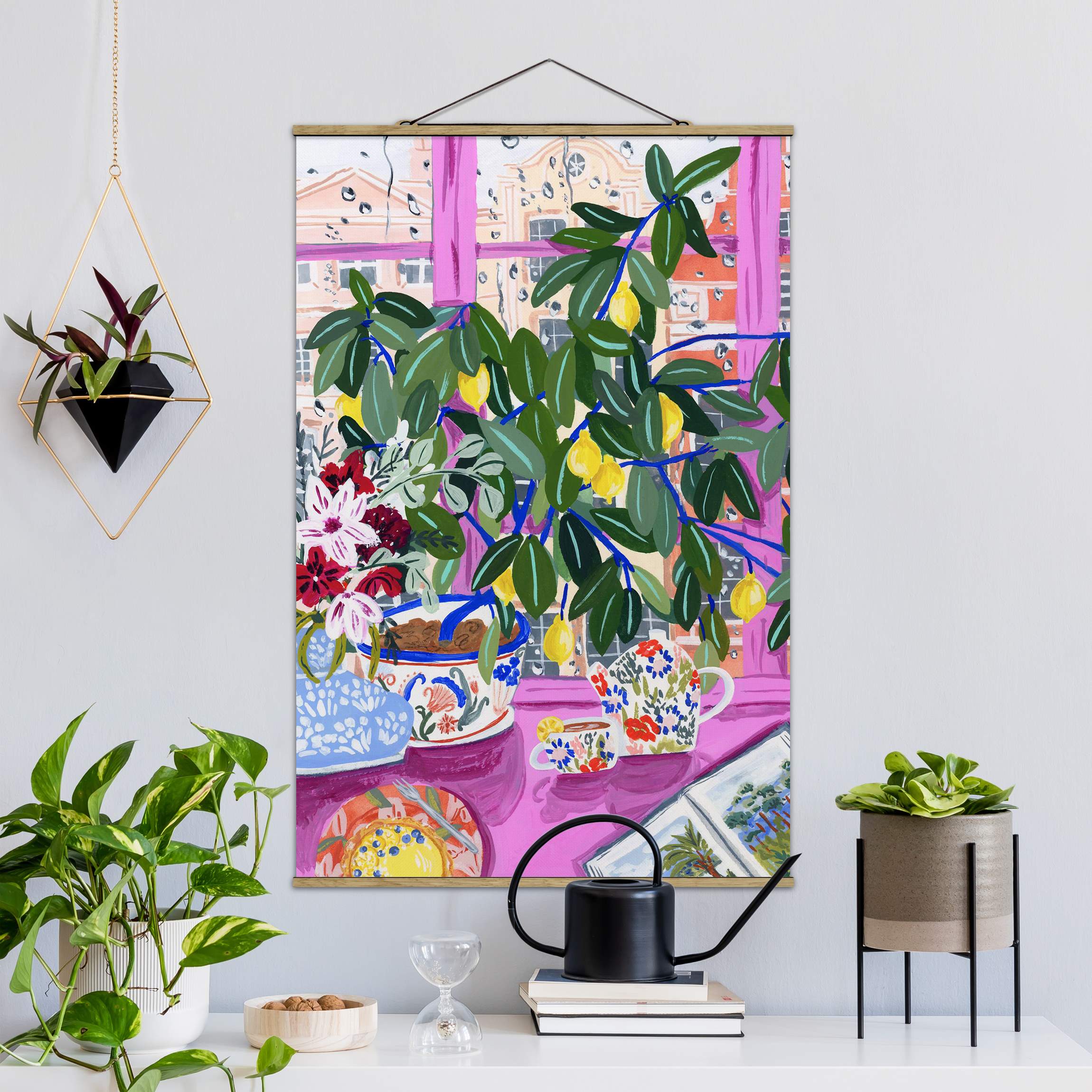 Stoffbild mit Posterleisten Zitronenbaum am Fenster