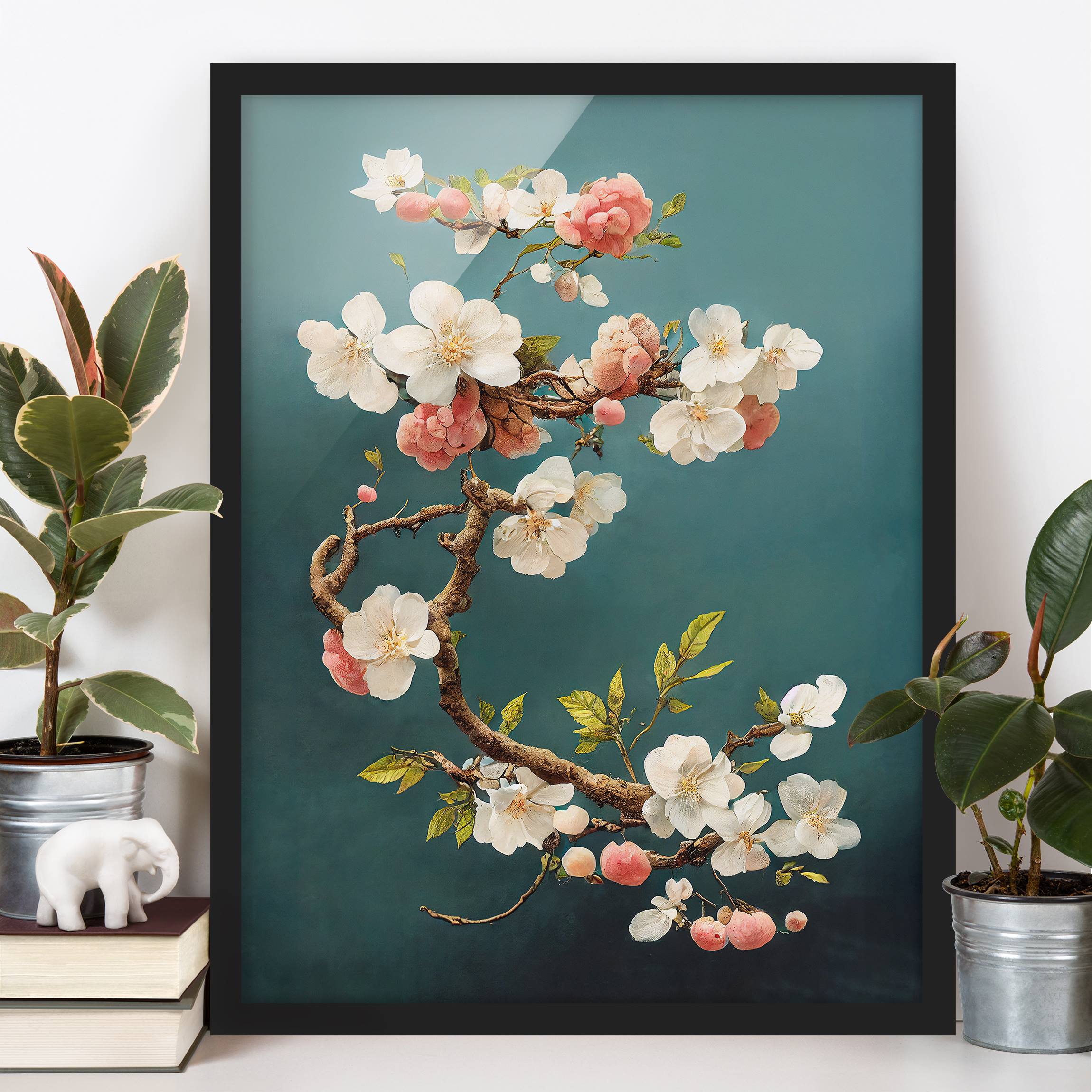 Bild mit Rahmen Zweig mit Blüten auf Türkis