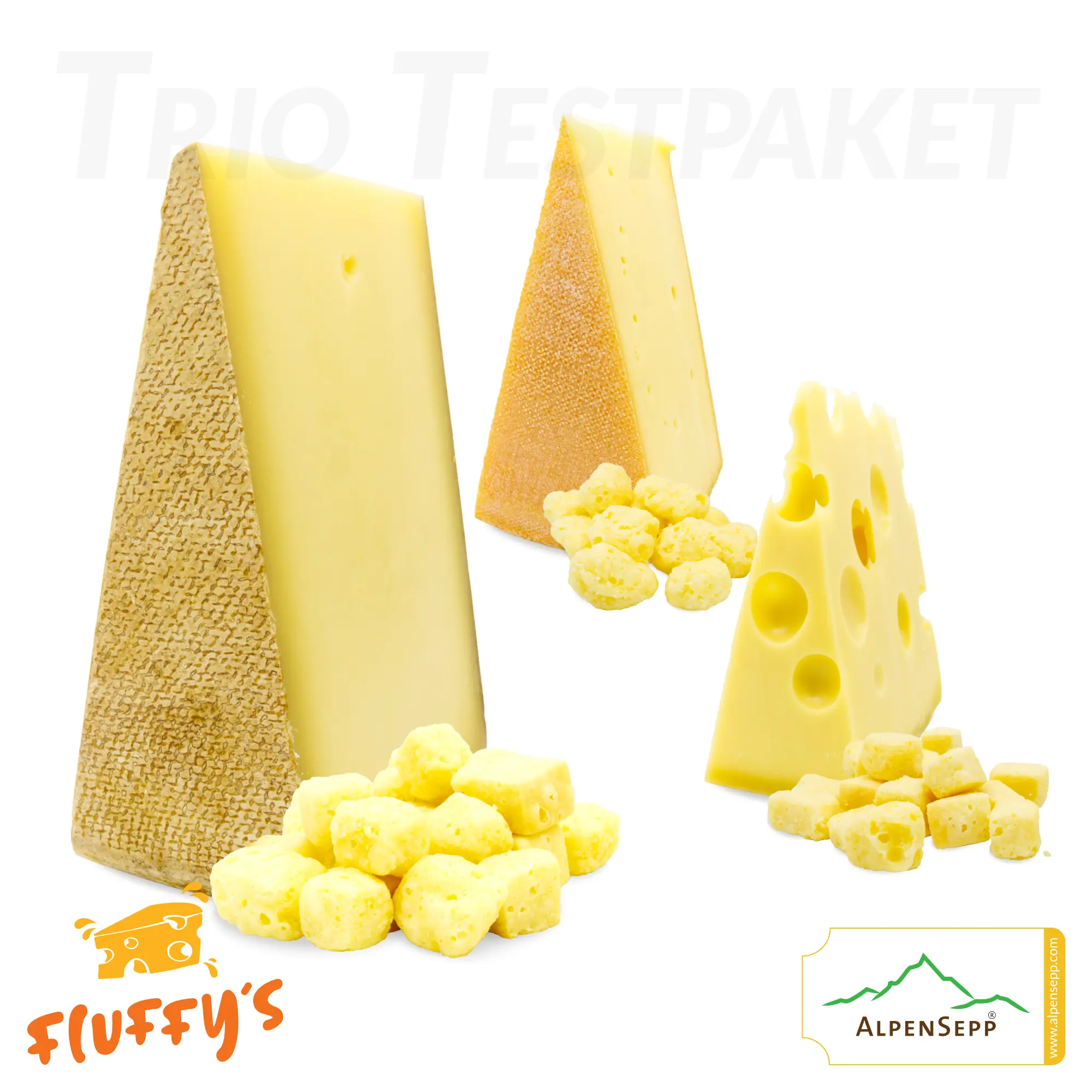 'FLUFFYs TRIO' Käse Snack | Exklusiver Produkttest | Bergkäse würzig, Senn Almkäse und Emmentaler | plus 3x Käsestück für den intensiven Vergleich