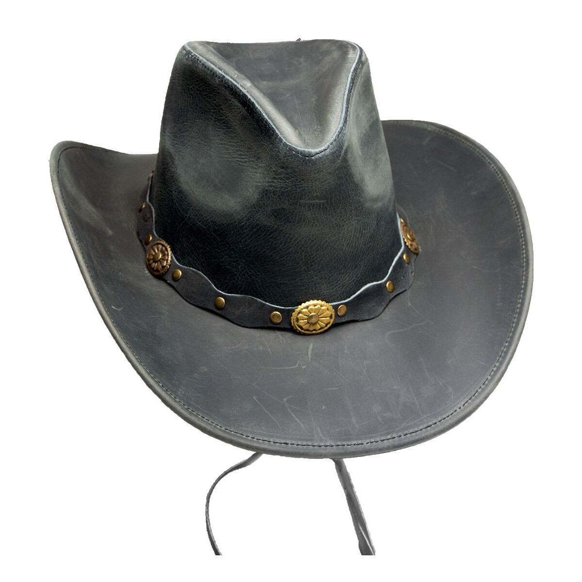 Lederhut mit Kinnband in Antikschwarz, Lederhutband mit Concho