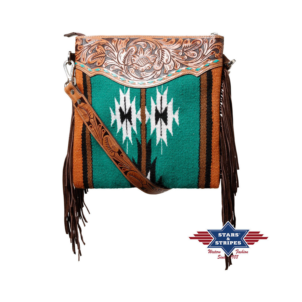 Boho-Umhängetasche aus handpunziertem Rindsleder mit türkisfarbenem Textileinsatz