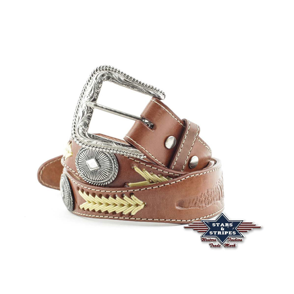 Brauner Damen/Herren Gürtel geschwungene Form Conchos Flechtung Gürtelschnalle (mit Produktvideo)
