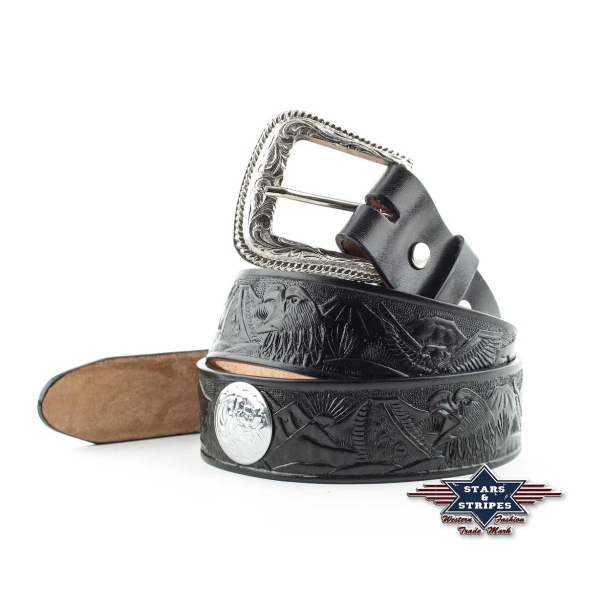 Herren Ledergürtel Westerngürtel guertel schwarz Prägung/Conchos WG-04 48 inch = 122 cm