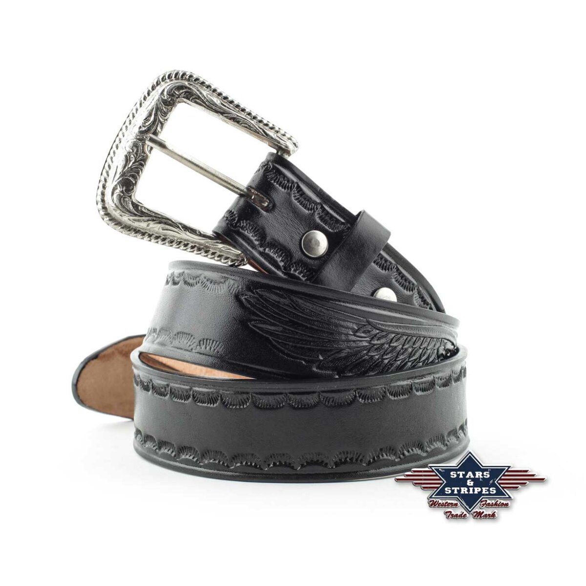 Schwarzer Ledergürtel Herrengürtel Westerngürtel Adlermotiv/Flechtung Stars&Stripes 38 inch = 96 cm