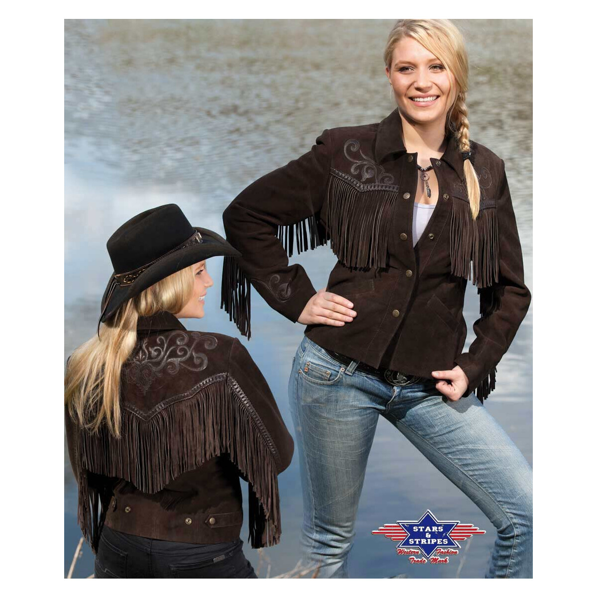 Damen Lederjacke, Fransenjacke Westernjacke Bikerjacke Rindsvelour Stars&Stripes