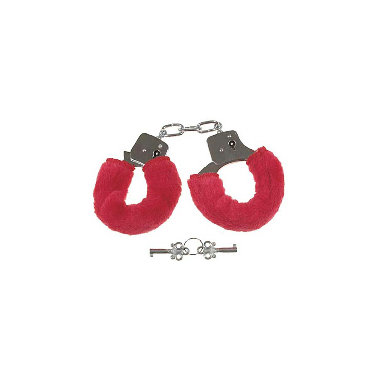 Handschellen, mit 2 Schlüssel, chrom mit Fellüberzug in rot