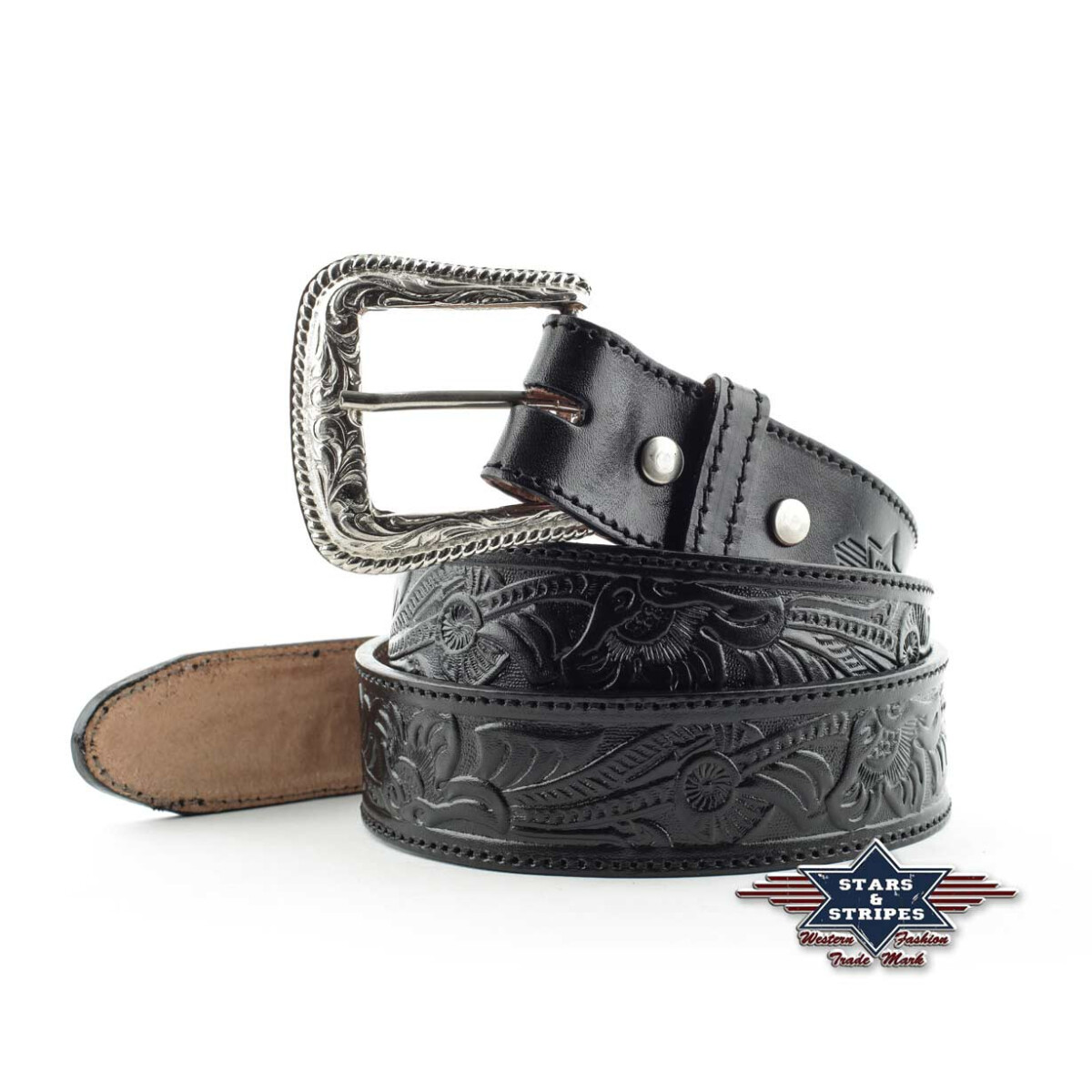 Herren Ledergürtel Westerngürtel Guertel schwarz Prägung WG-42 Stars&Stripes