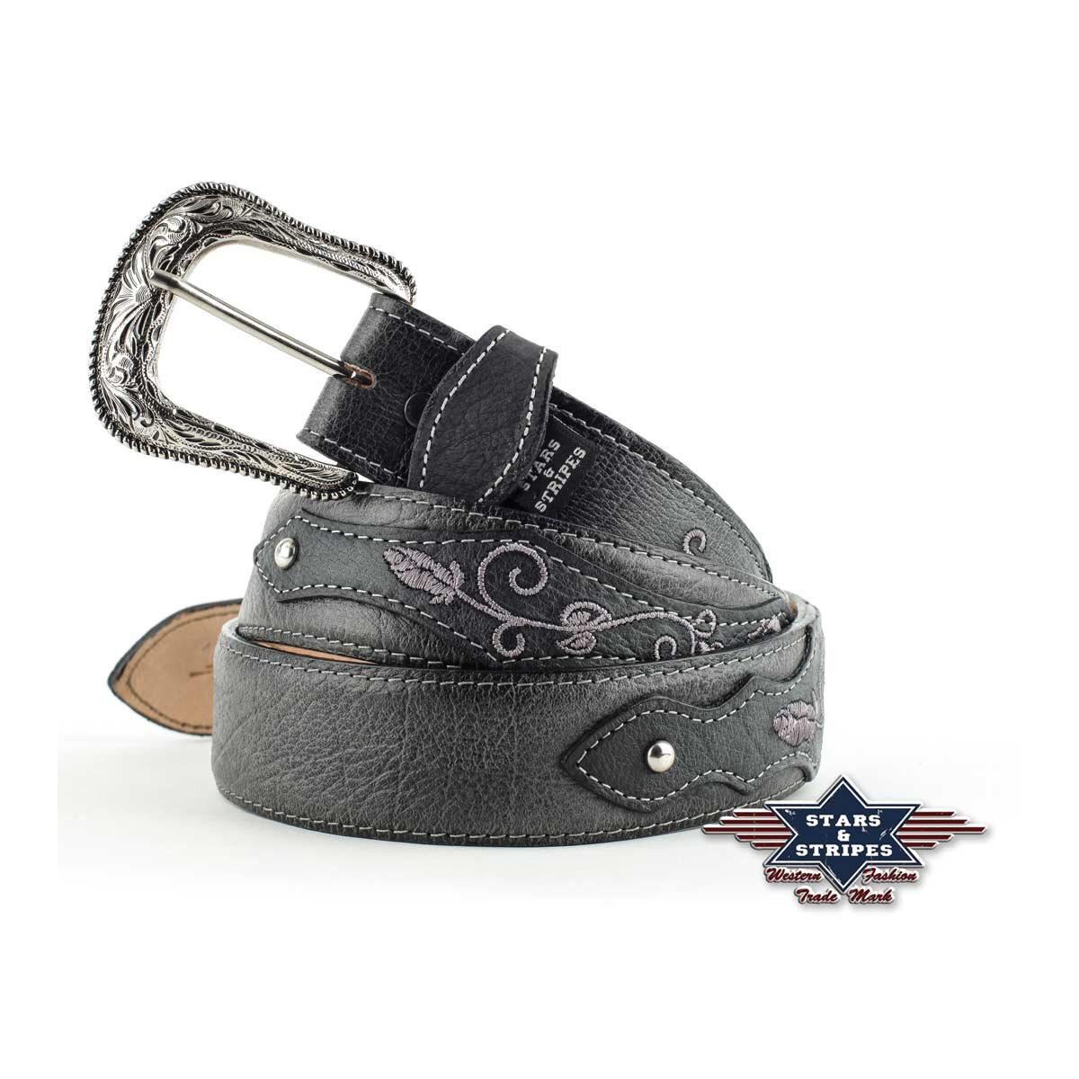 Hochwertiger Damen Westerngürtel, 100% Rindleder bestickt schwarz 32 inch
