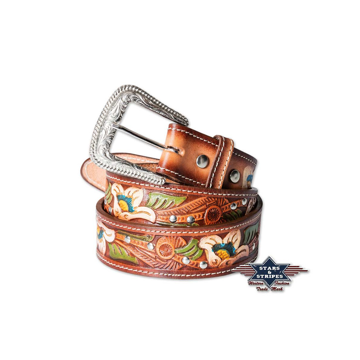 Brauner Damengürtel Ledergürtel Westerngürtel 100% Leder wg-102 Stars&Stripes