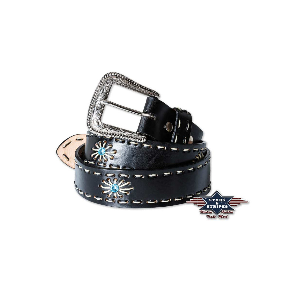Schwarzer Damen Gürtel mit blauen Kunststeinen Rindsleder aust. Gürtelschnalle