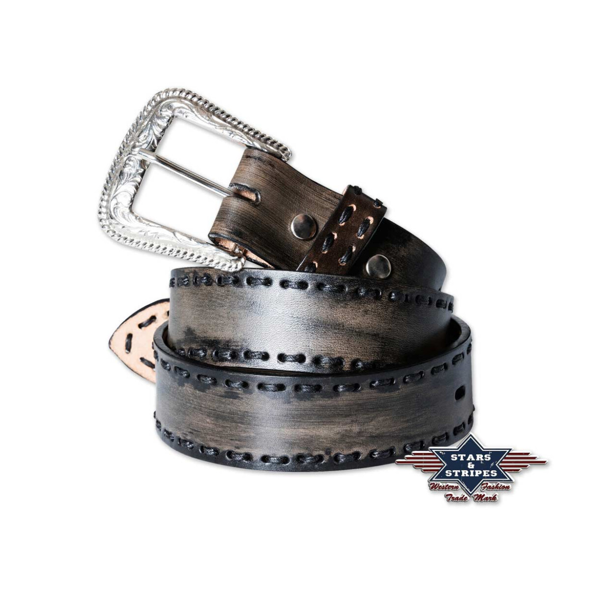 Damen/Herren Ledergürtel 100% Rindleder Westerngürtel schwarz/Flechtung wg-97