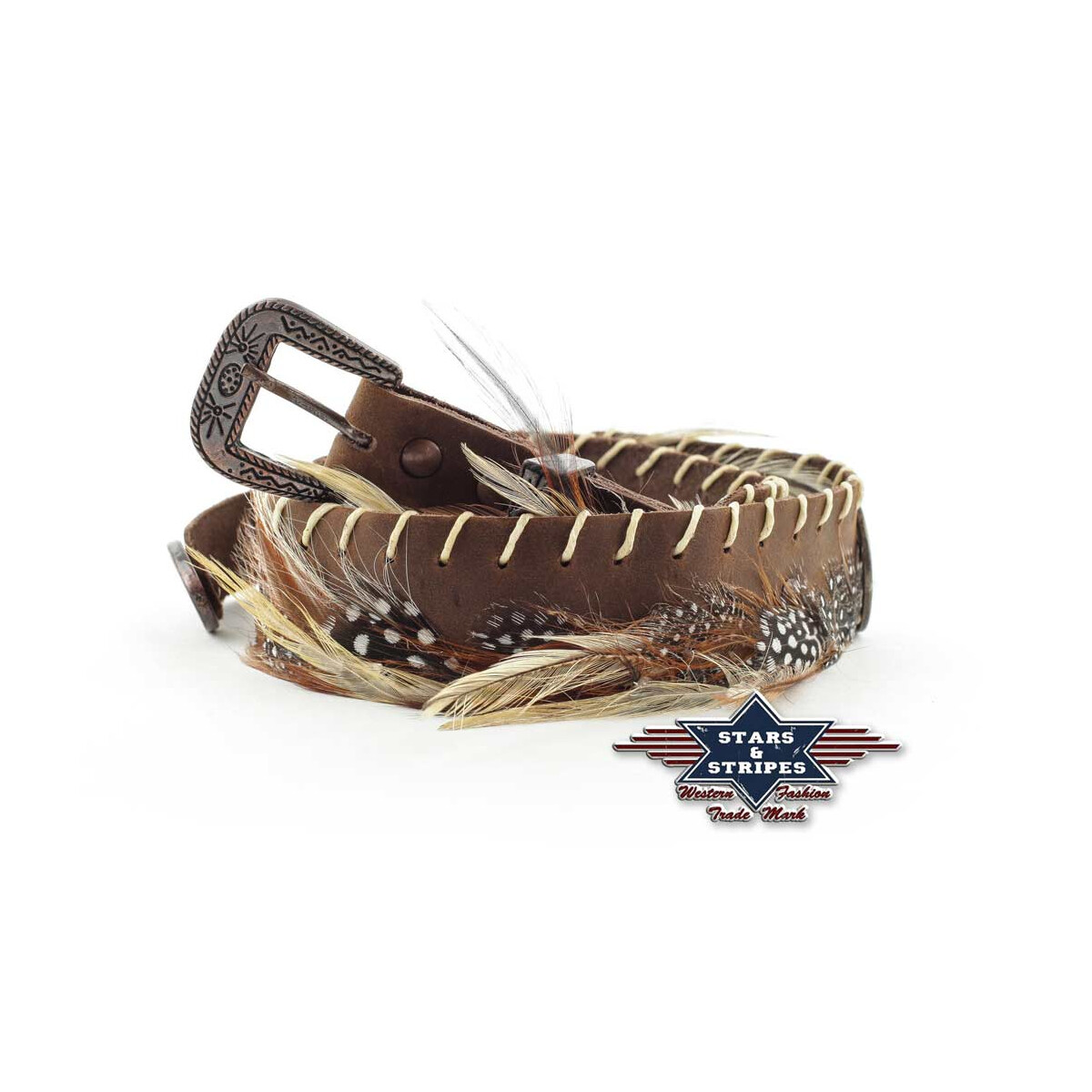Braunes Leder Hutband, Western Hut Band mit Federn + Stern Concho