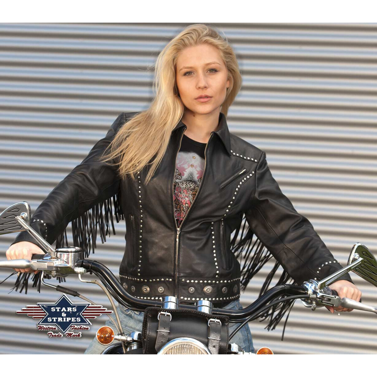 Damen Bikerjacke Lederjacke Fransenjacke Brooklyn' Lammnappa schwarz Stars&Stripes Größe XXL'