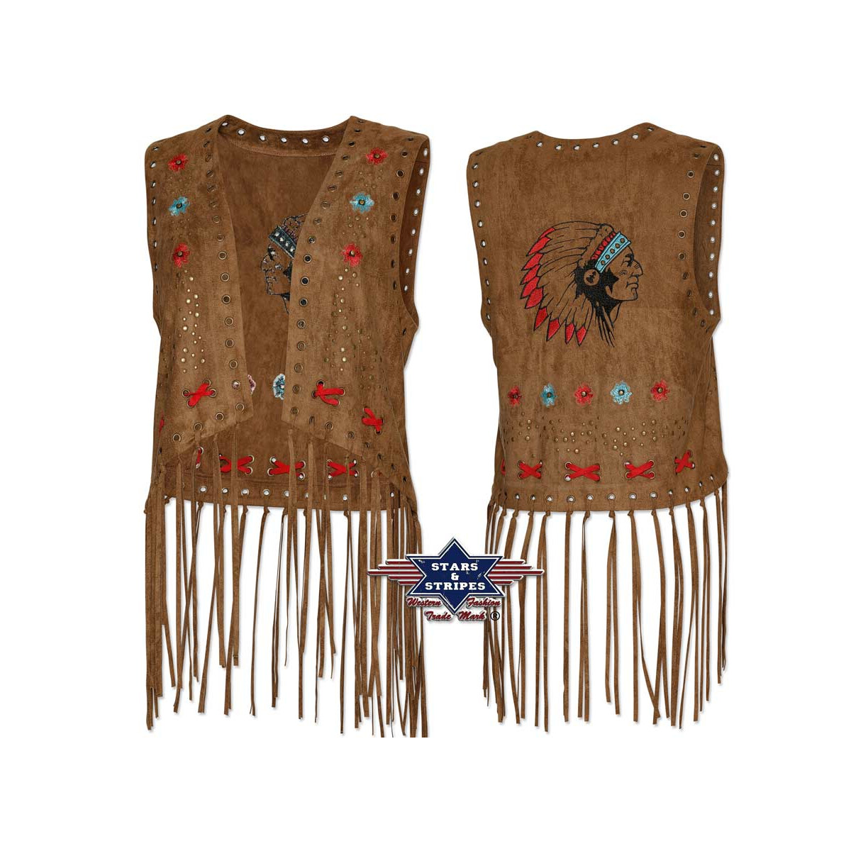 Damen Fransenweste Wildlederoptik Stickereien Bändchen Nieten Stars & Stripes