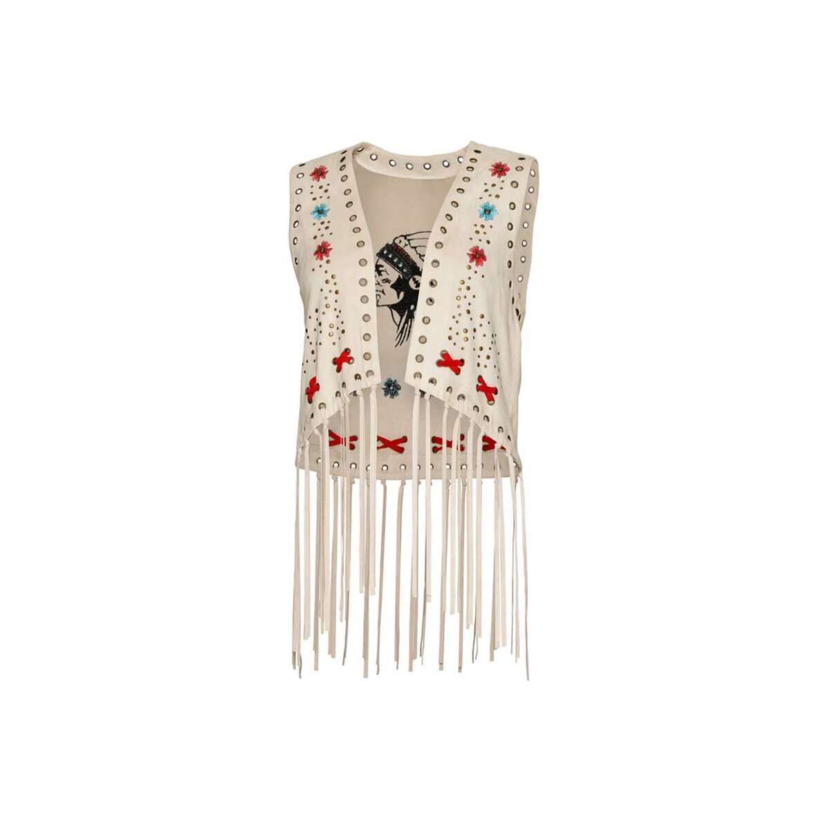 Damen Fransenweste Wildlederoptik Stickereien Bändchen Nieten Stars & Stripes Sand Größe XXL