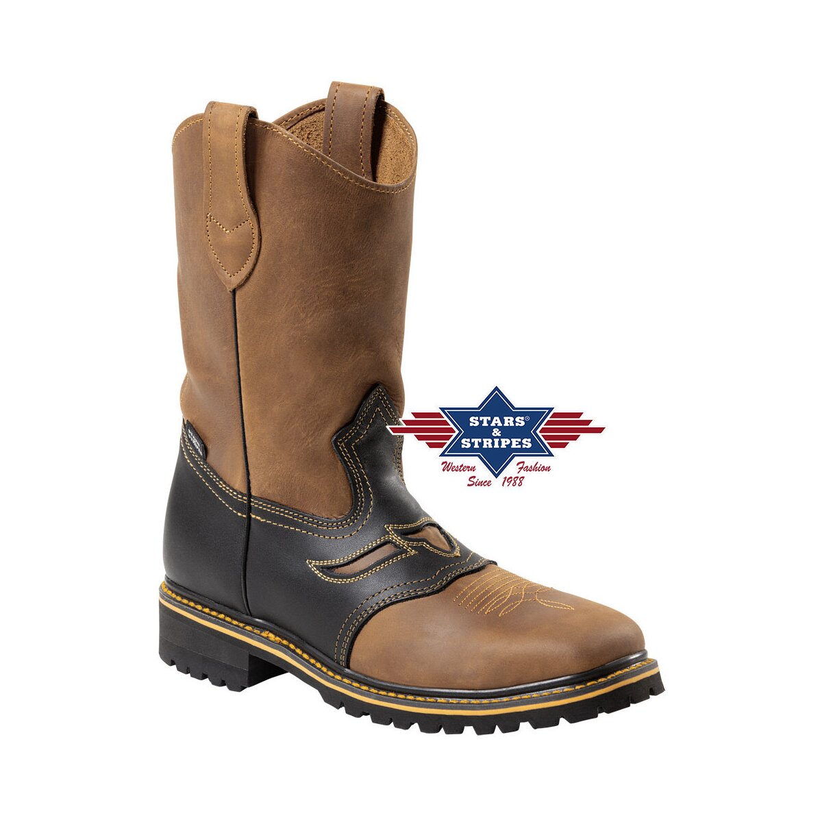 Herren Westernstiefel Workerboots Braun Rindsleder Stars&Stripes 44